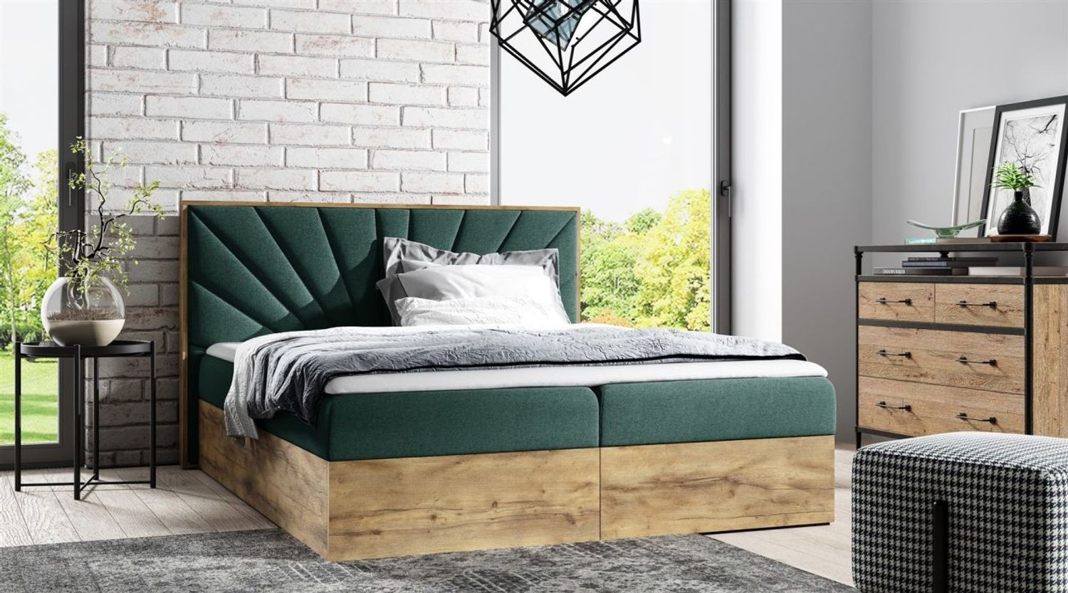 Boxspringbett Bett DAIMON 160x200 cm Lancelot Eiche Stoff Grün inkl. Bettkasten Bild 1