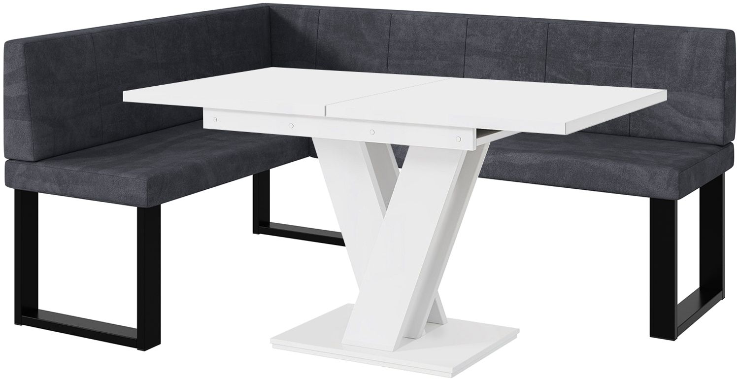 MEBLINI Eckbank für Esszimmer mit ausziehbarem Tisch - Küchenbank - Essecke - Sitzecke Küche - PETER - U-Beine 128x168x87cm Links - Dunkelgrau Samt/M Weiß Matt Bild 1