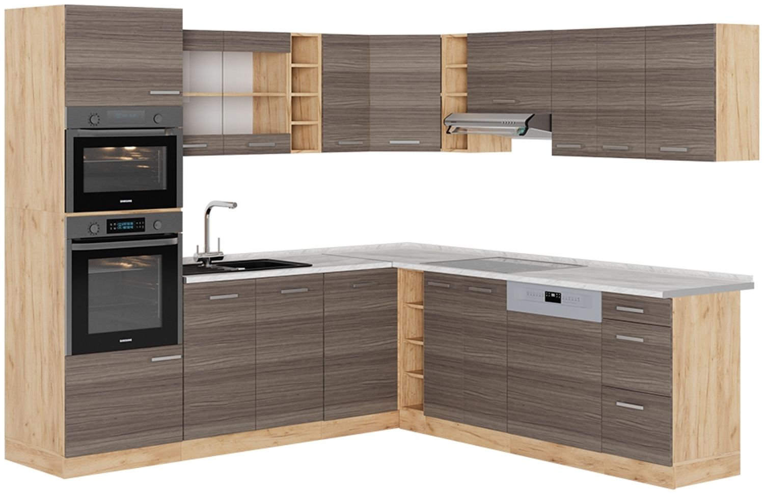 Eckküche R-Line Edelgrau/Goldkraft Eiche 247 x 60 cm , AP Marmor Vicco Bild 1