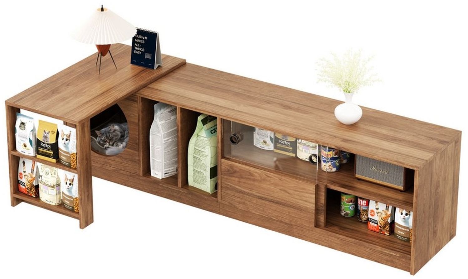 Flieks Lowboard mit drehbarer Tisch und Glas-Schiebetüren (180(80)×40×50 cm, 2 St), Fernsehschrank TV-Schrank mit Katzenruheraum Holzoptik Nussbaumfarbe Bild 1