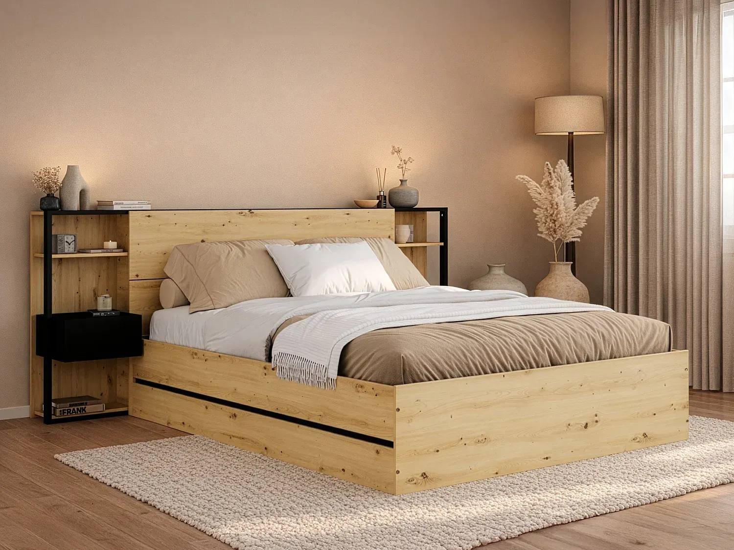 Vente-unique - LUDARO Bett Holz, Platte SchwarzBeige - B 246 cm x H 102,6 cm x L 255,1 cm Bild 1