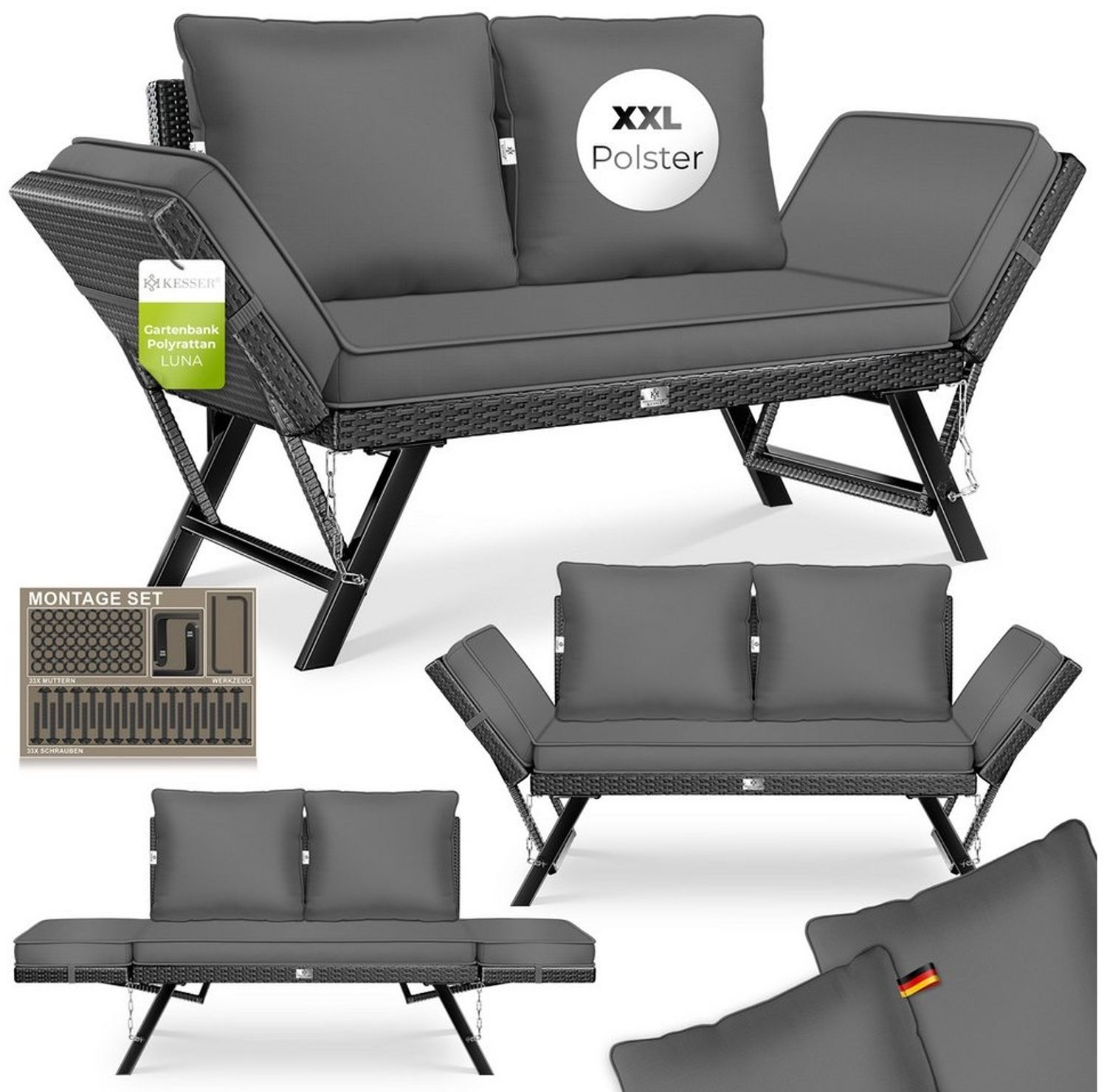 KESSER® Gartenbank Polyrattan Luna mit Liegefunktion Gartensofa 4-in-1 Verstellfunktion Gartencouch Wetterfest, Balkonsofa Verstellbare Armlehnen, Extra Dicke & Weiche Polster, Garten/Balkon/Terrasse Schwarz / Anthrazit Bild 1