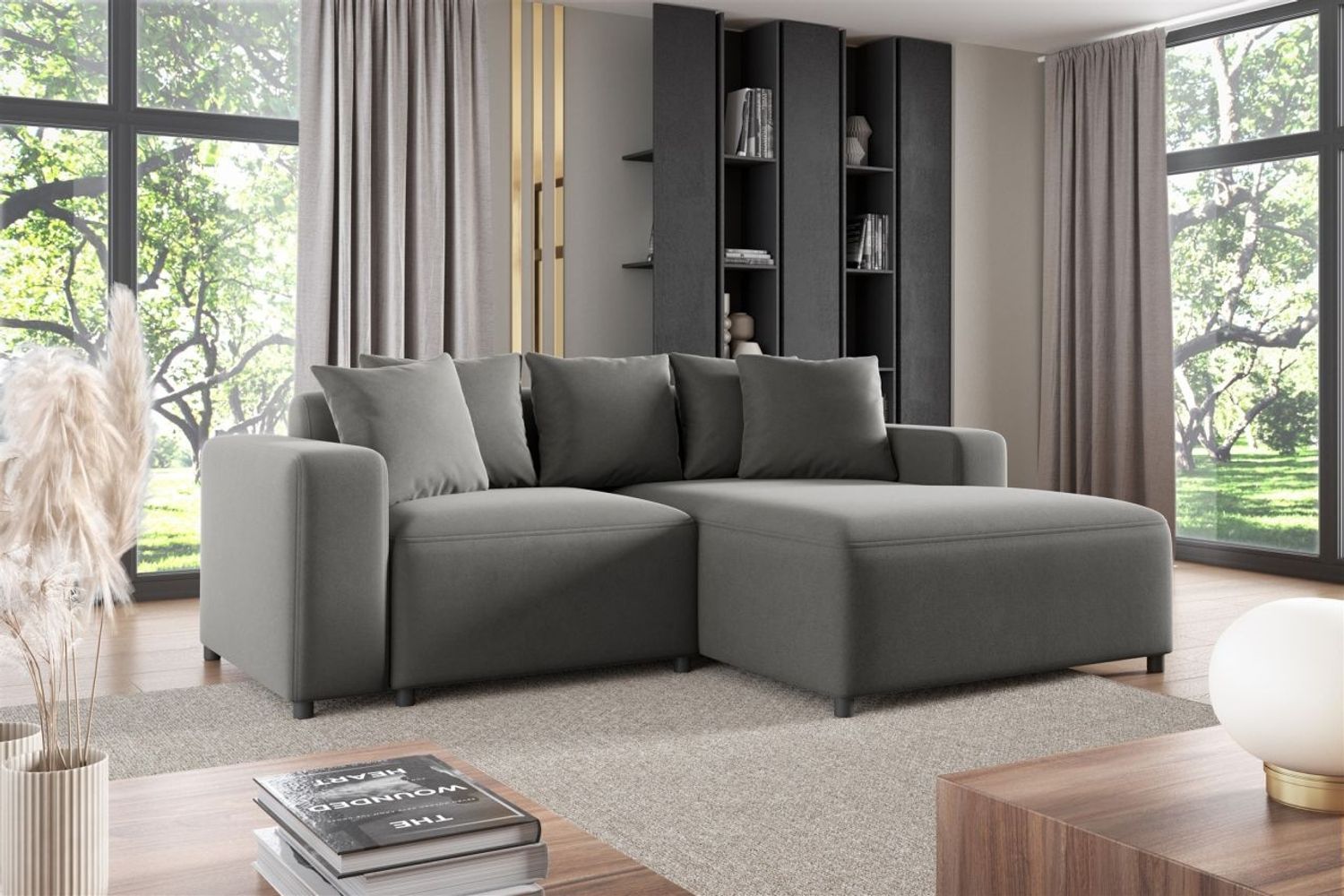 Ecksofa Designersofa Sofa MEGAN XS in Stoff Salvador Grau Ottomane Rechts Bild 1