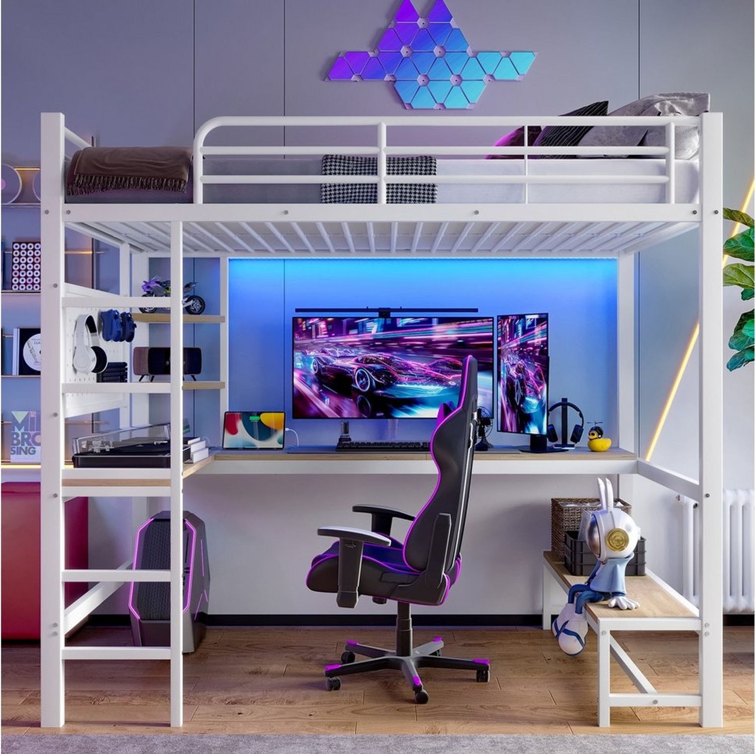 Flieks Hochbett Metallbett 90x200cm mit LED-Leiste, USB-Laden und Schreibtisch Bild 1