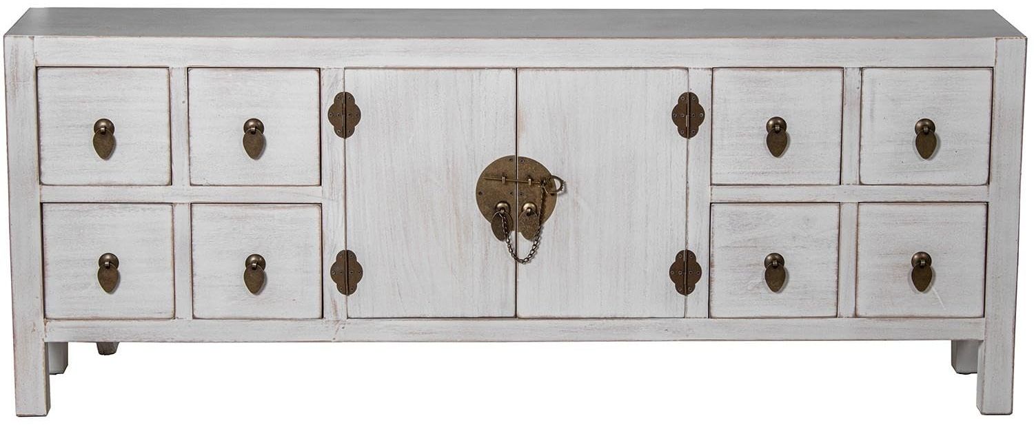 Asiatischer TV-Tisch mit 8 Schubladen und 2 Türen aus MDF-Holz in weiß gebeizt, 130 x 24 x 50 cm Bild 1