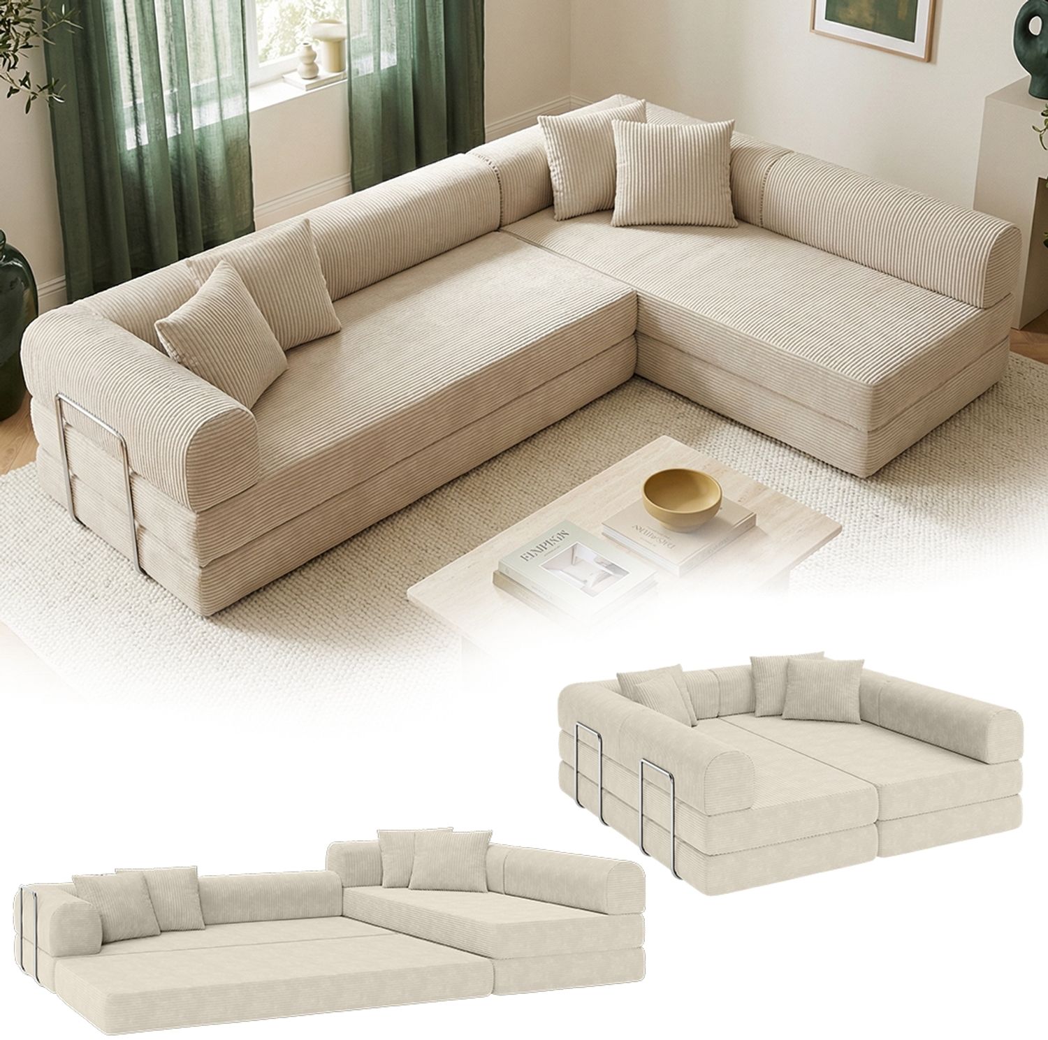 skølm 'Lofn' Modulares Sofa 4 Sitzer, 300x200 cm, Vollschaumcouch mit Metallgestell, Cord beige, Schlafsofa vakuumverpackt, kein Aufbau erforderlich Bild 1