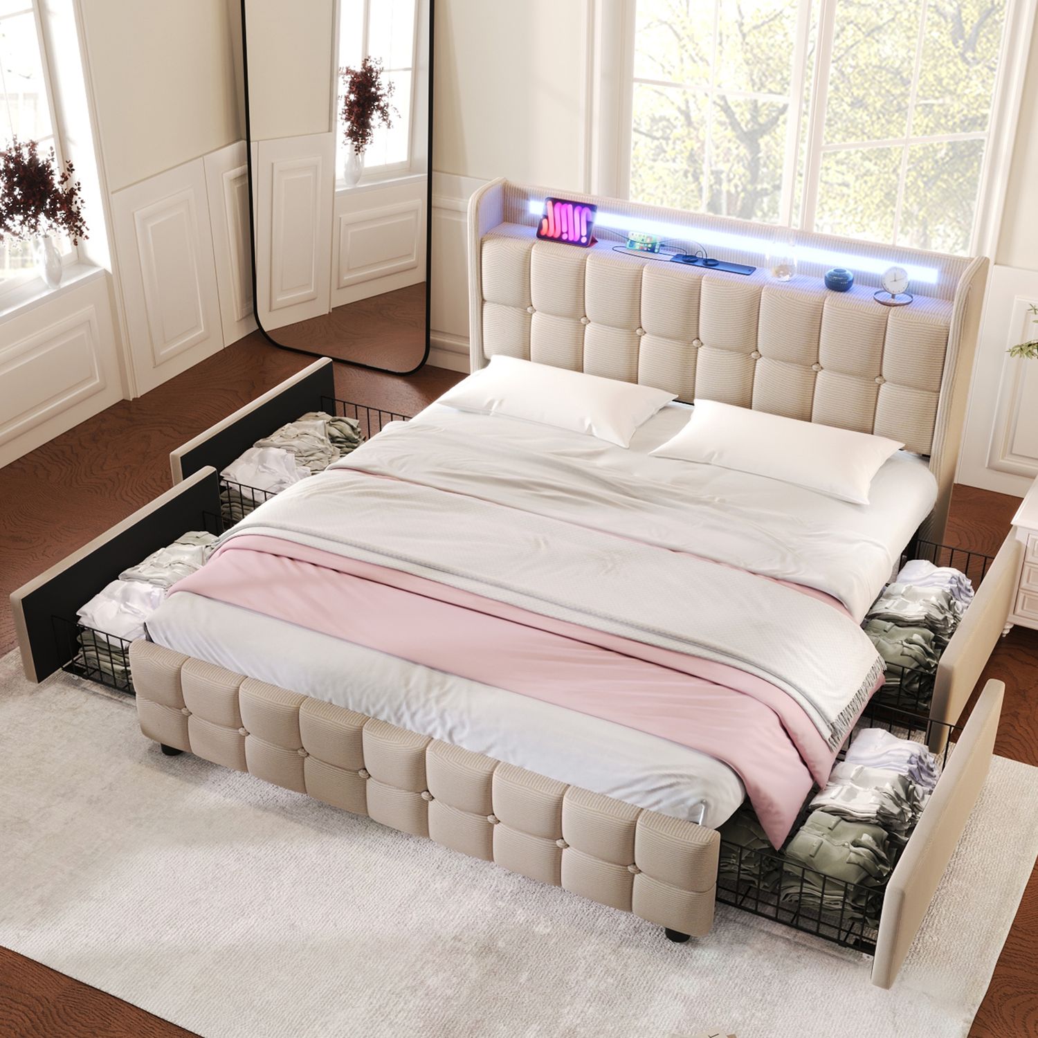 Polsterbett mit LED, Ladefunktion & 4 Schubladen, 140x200 cm, Beige, ohne Matratze Bild 1