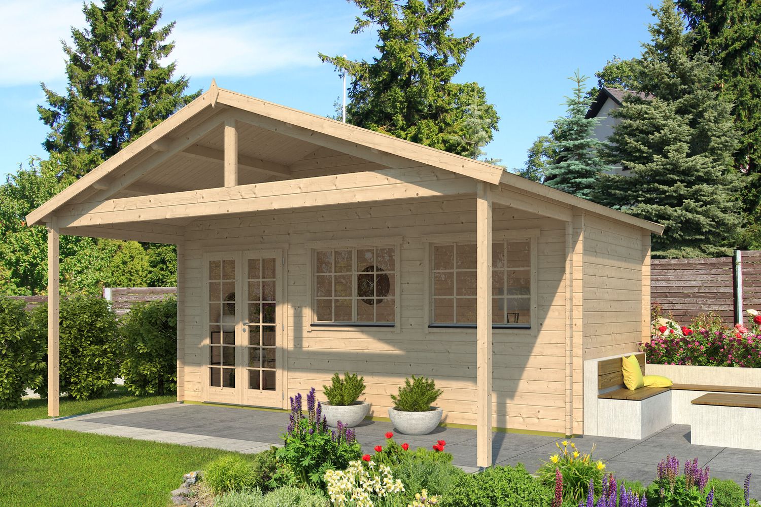 Gartenhaus Rolf 44 A + Vordach Natur Bild 1
