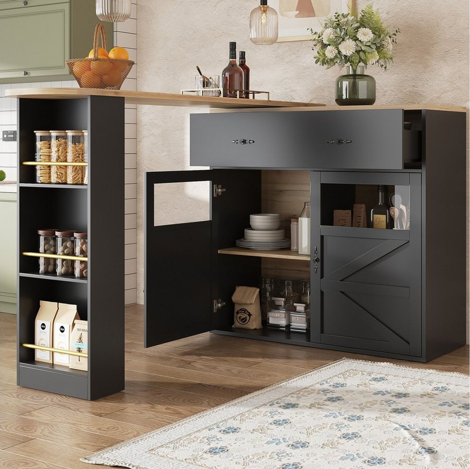 Flieks Bartisch 360° drehbar Stehtisch mit Kommode (Länge 138-204 cm, 1-St, mit verstellbare Einlegeböden), ausziehbar Esstisch mit Glastüren und Schubladen Sideboard Bistrotisch Bild 1