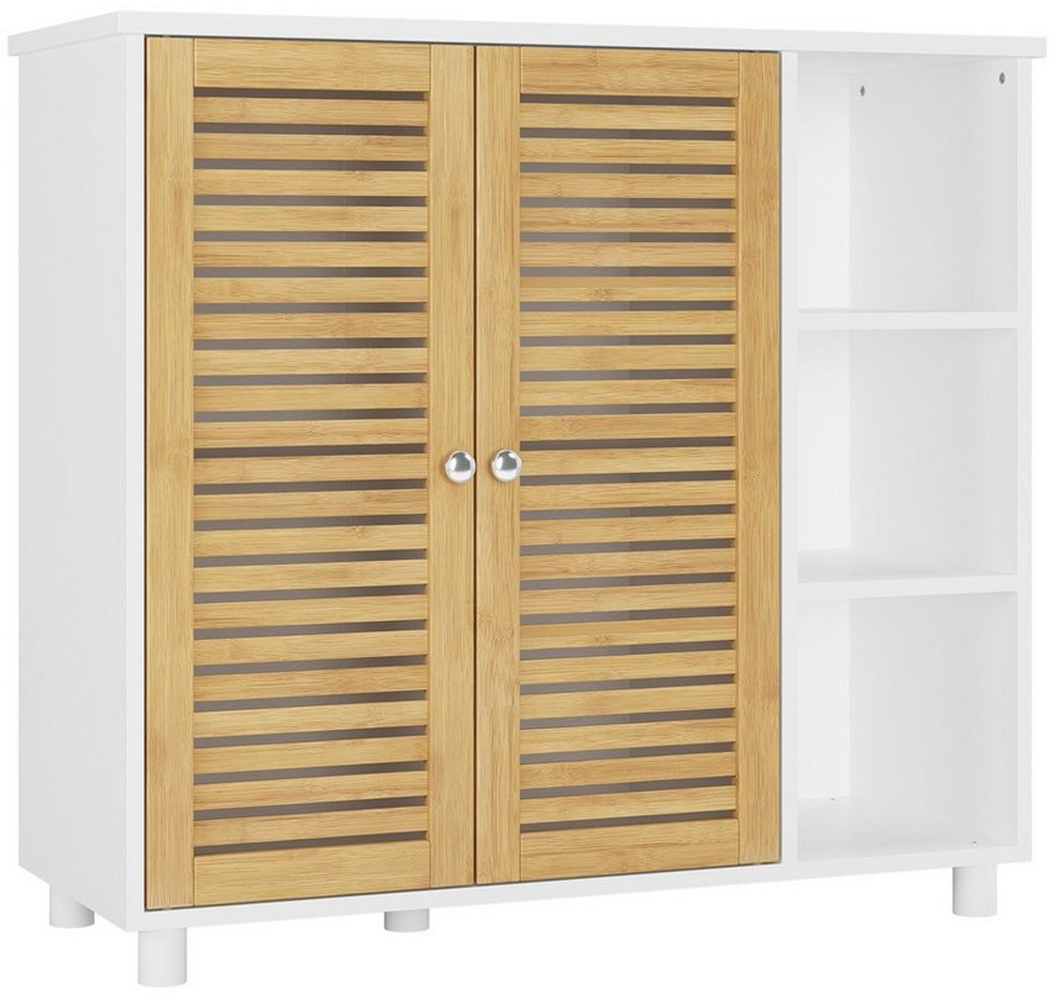 MSMASK Badkommode Badezimmerschrank mit 3 Offenen Regalen und 2 Bambustüren, 77 × 30 × 80 cm Bild 1