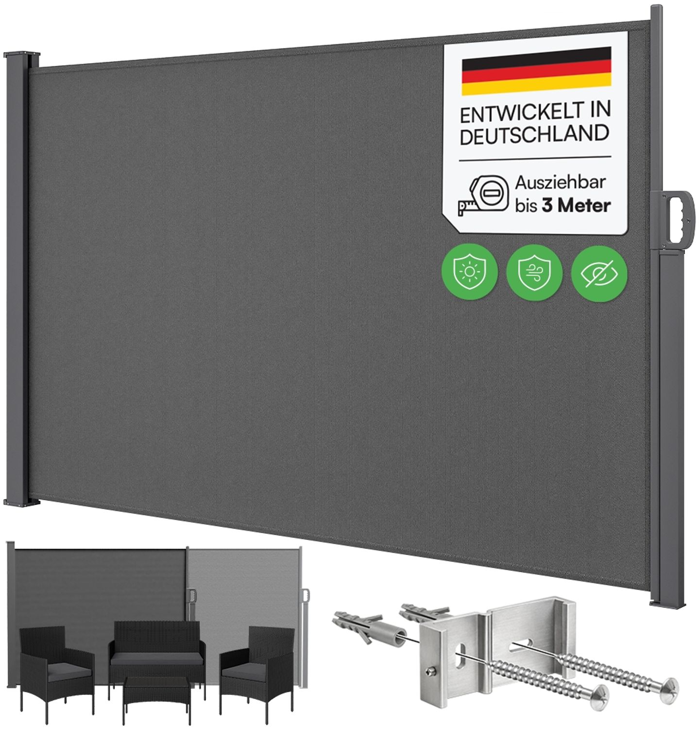 STEELSØN 'Zirella' Seitenmarkise mit Aluminium-Kassette, ausziehbar, 200x300 cm, anthrazit, Windschutz, wetterfest und blickdicht Bild 1