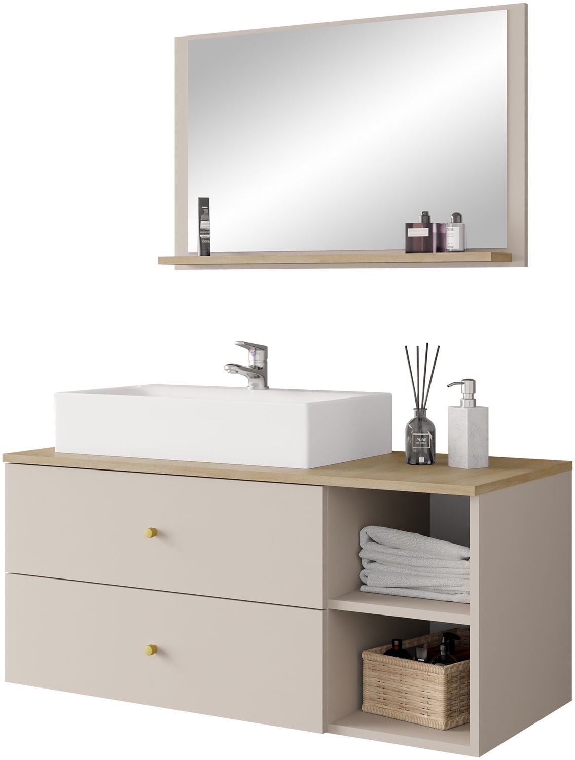 Badmöbel Set Kormen I mit Waschbecken und Siphon (Farbe: Wüstensand + Eiche Cremona) Bild 1