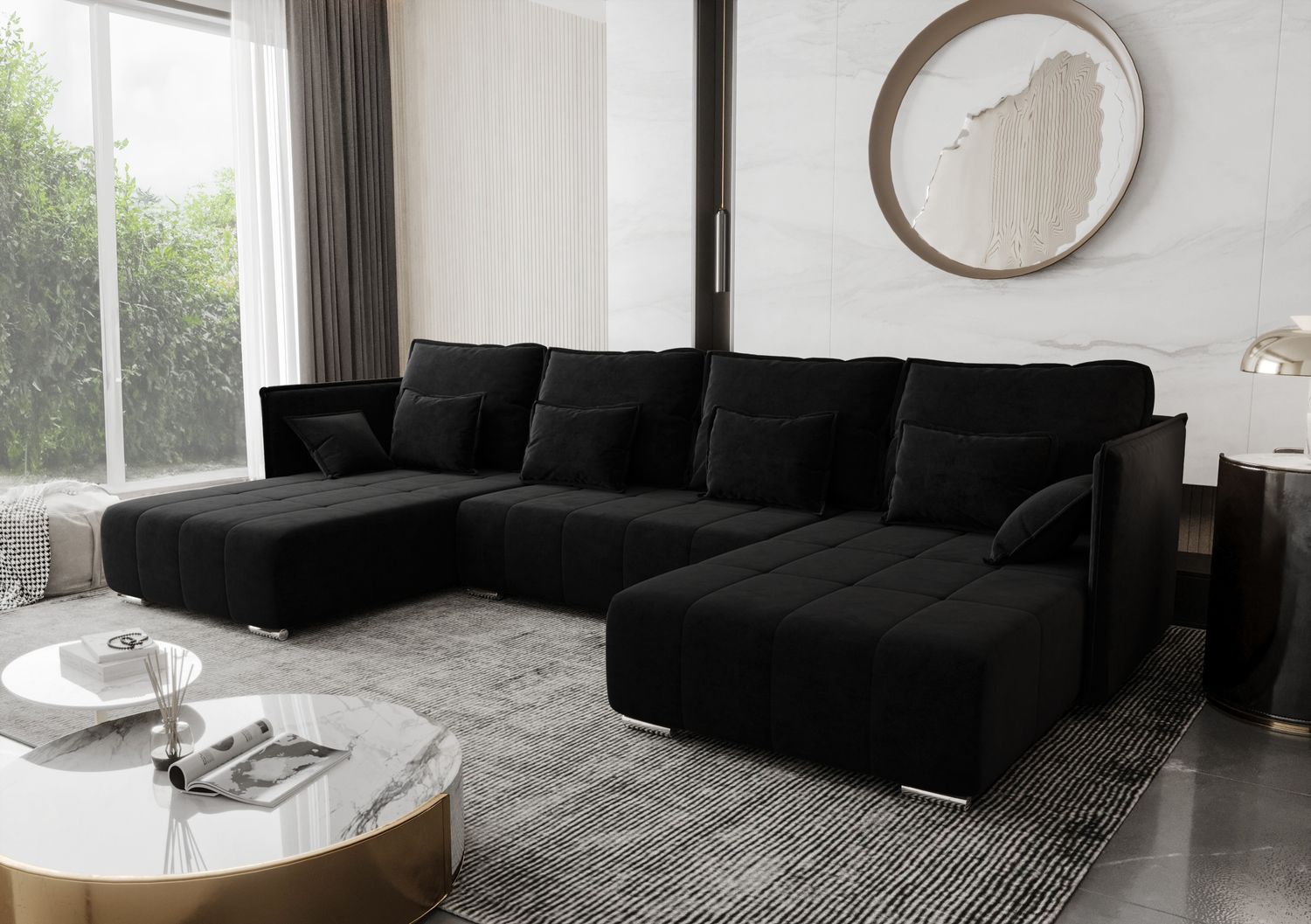 AX LIVING Schwarze Ecksofa mit Schlaffunktion Florinna 345cm U Bild 1