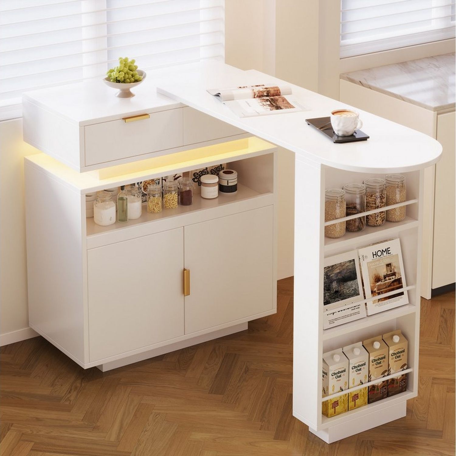 Flieks Bartisch 360° drehbar Stehtisch inkl. Kommode mit LED-Beleuchtung (Set, 2-St, L115-183/T40/H99,5 cm), ausziehbar Esstisch & Küchenschrank mit verstellbarer Einlegeböden Bild 1