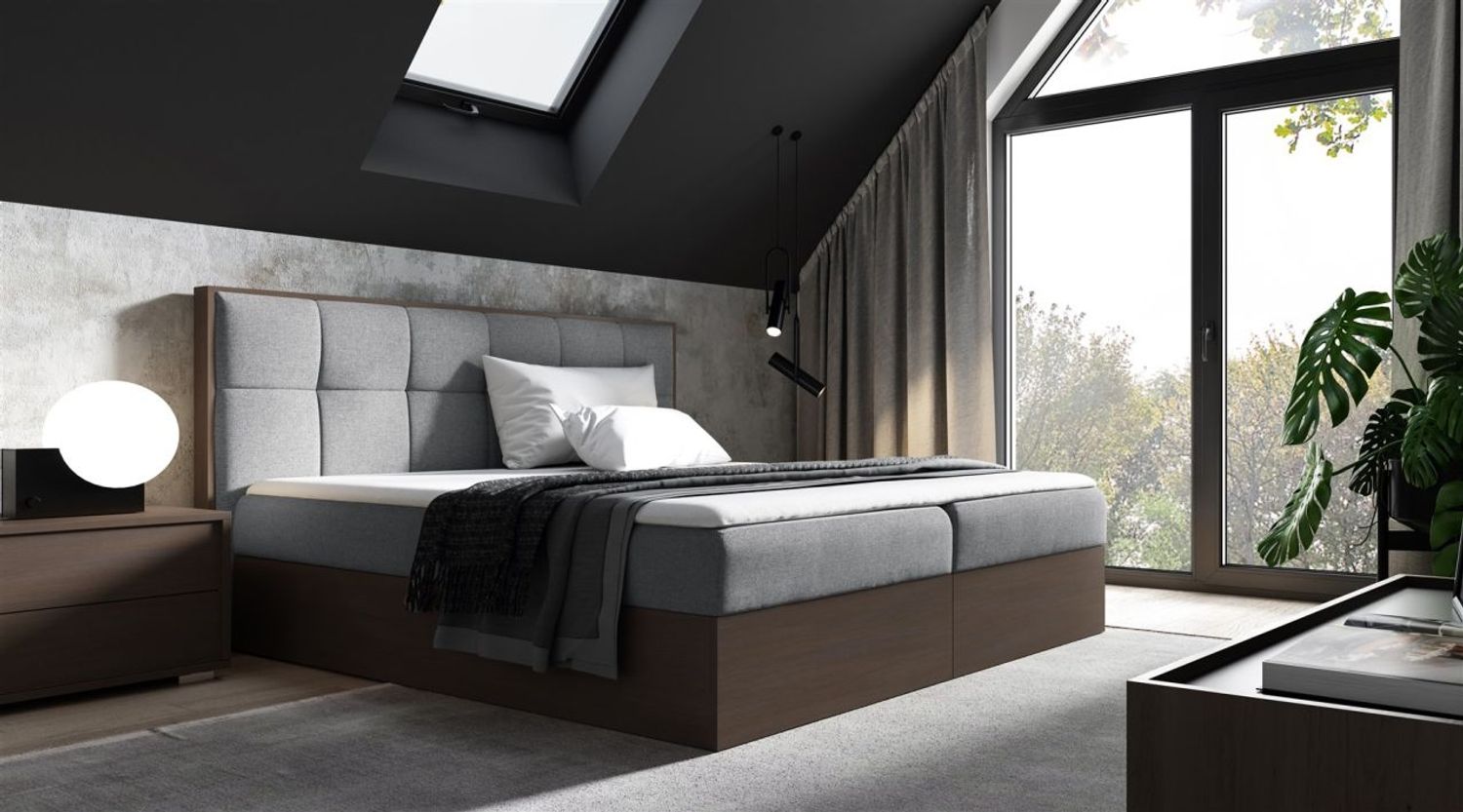 Boxspringbett Bett THANOS 160x200cm Dunkel Eiche Stoff Grau inkl. Bettkasten Bild 1