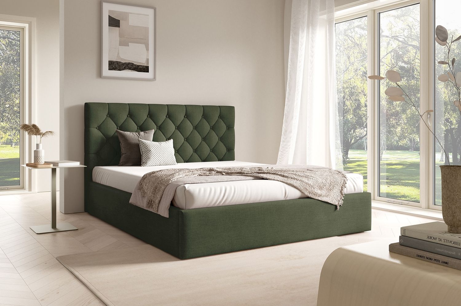 MEBLINI Polsterbett 160x200 mit Lattenrost ohne Matratze – BALEARO – Grün Samt – Doppelbett mit Bettkasten - Stauraumbett - Kopfteil Bett mit Stauraum Bild 1