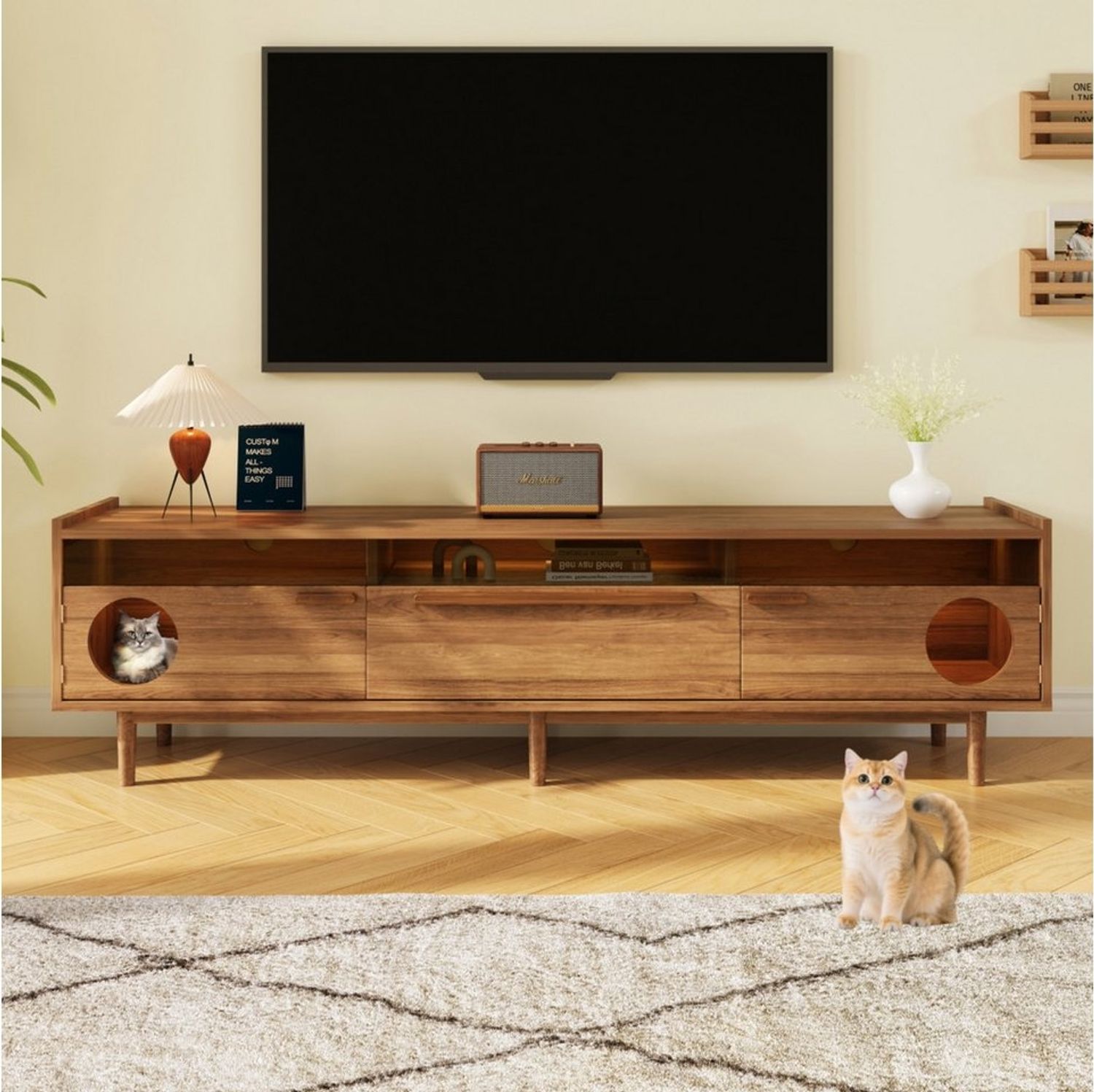 Flieks Lowboard mit LED-Beleuchtung, Glastüren & Schubladen (180×40×50 cm, 1 St), Fernsehschrank TV-Schrank Holzoptik Nussbaumfarbe, Breite 180cm Bild 1