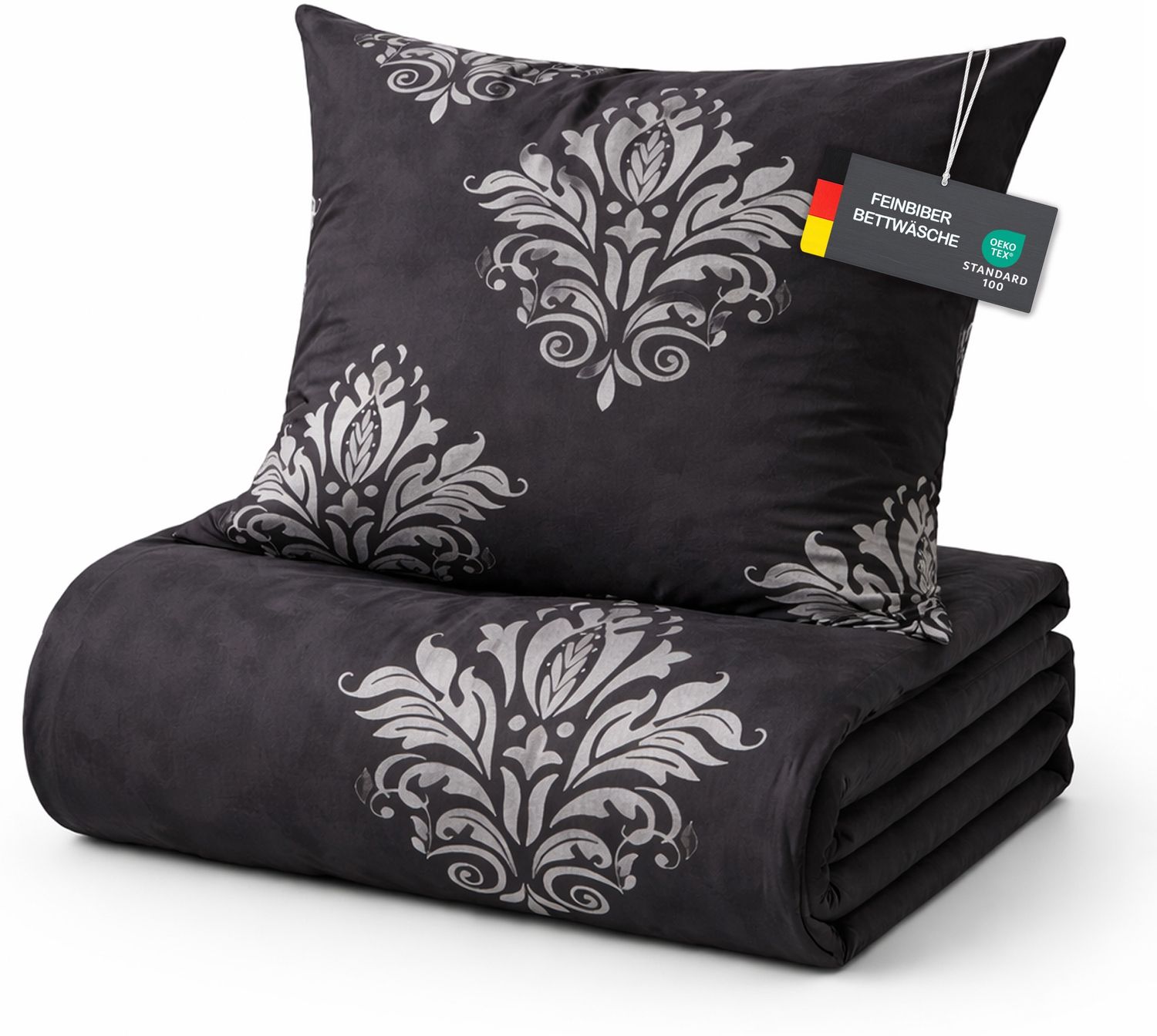Feinbiber Bettwäsche-Set für den Winter 2-teilig 135x200/80x80 cm Schwarz (Ornament) Bild 1