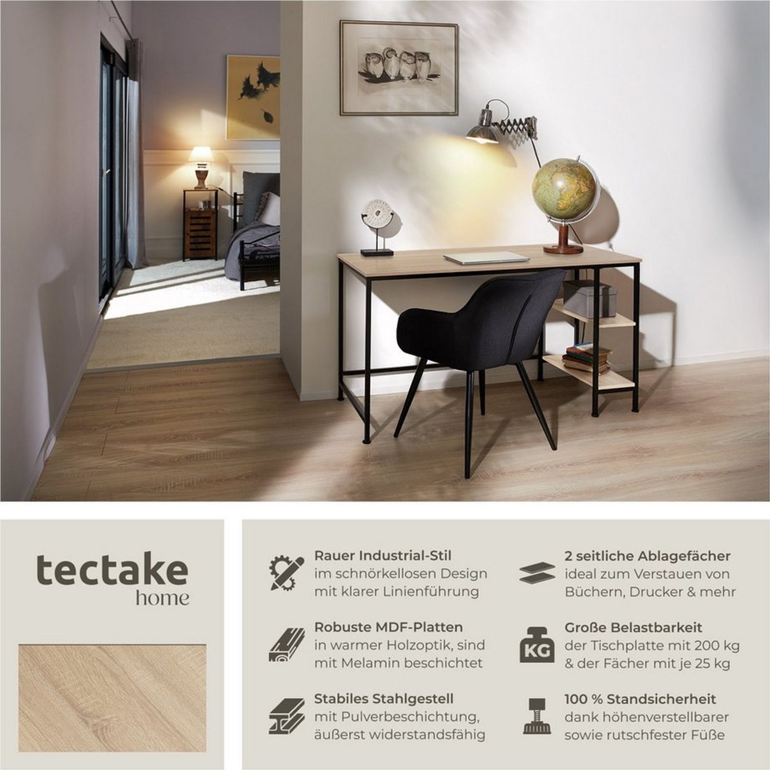 tectake Schreibtisch Computertisch Donegal 140x60x76,5cm (1-St, 1 tlg), Schnörkelloser Schreibtisch im beliebten Industrie-Design Bild 1