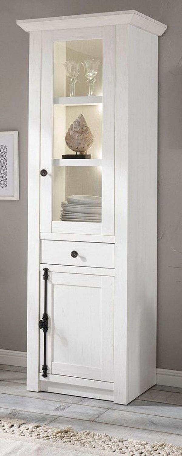 Furn. Design Standvitrine Hooge (Vitrinenschrank in Pinie weiß Landhaus, 63 x 207 cm) mit Drehriegelverschluss Bild 1