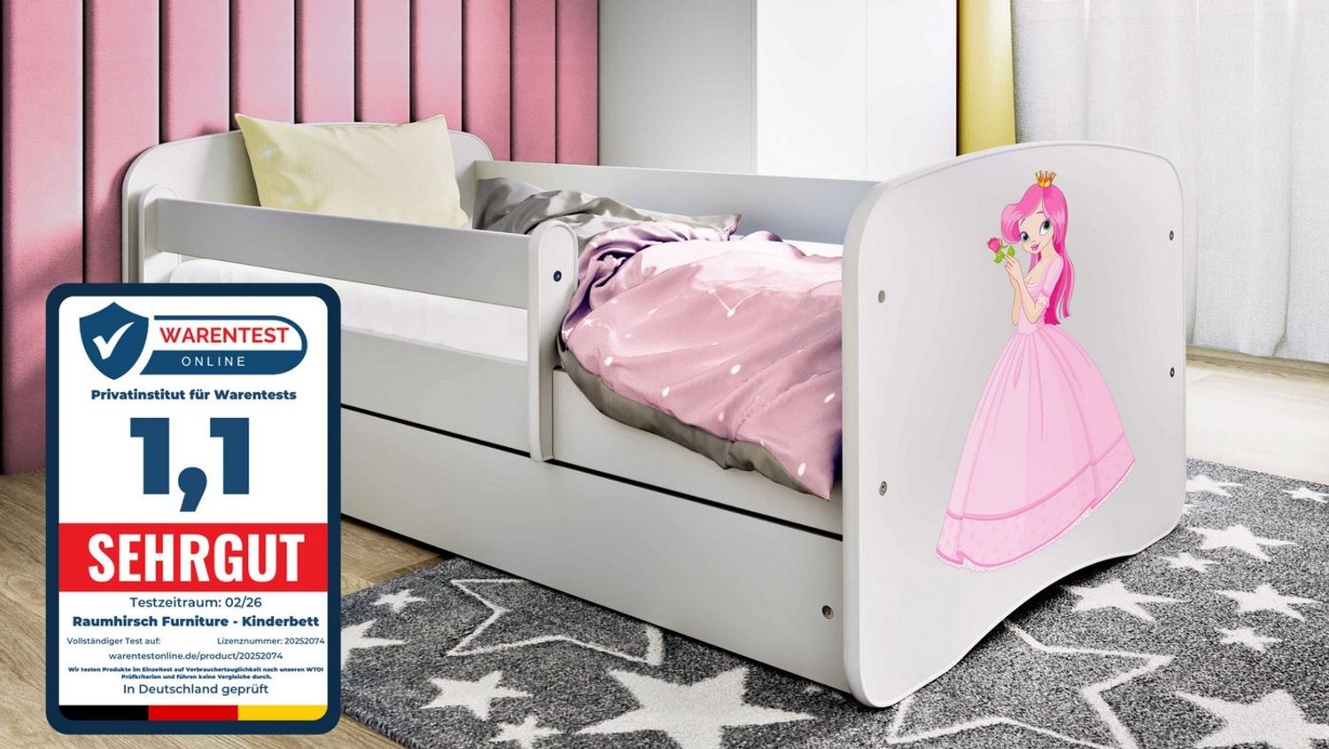 Raumhirsch Furniture Kinderbett 70x140, 80x160, 80x180 cm - Komplettset mit Matratze & Schublade (Bett für Mädchen, Einzelbett Kinder 2–12, mit Rausfallschutz & Lattenrost), verschiedene Farben & Designs Bild 1