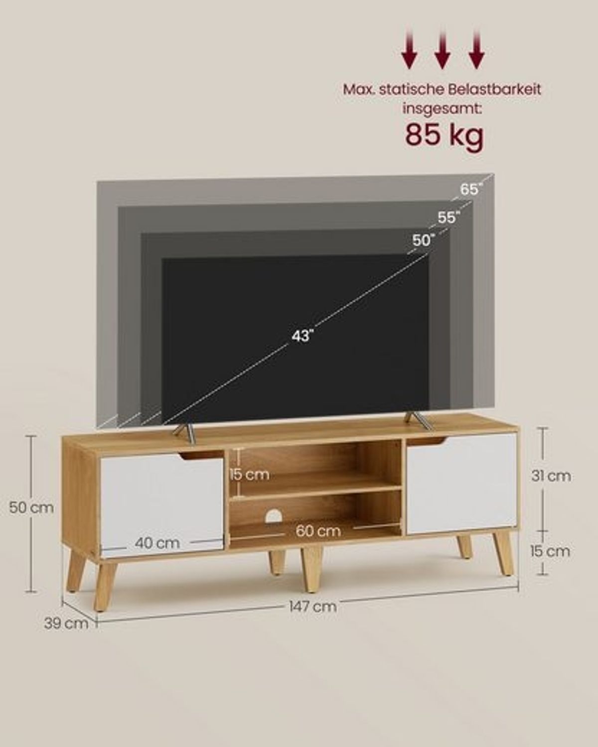 VASAGLE Fernsehtisch, Lowboard, TV-Schrank, Fernsehschrank, mit verstellbarer Ablage, für Fernseher bis zu 65 Zoll, Wohnzimmer, eichenfarben-weiß Bild 1