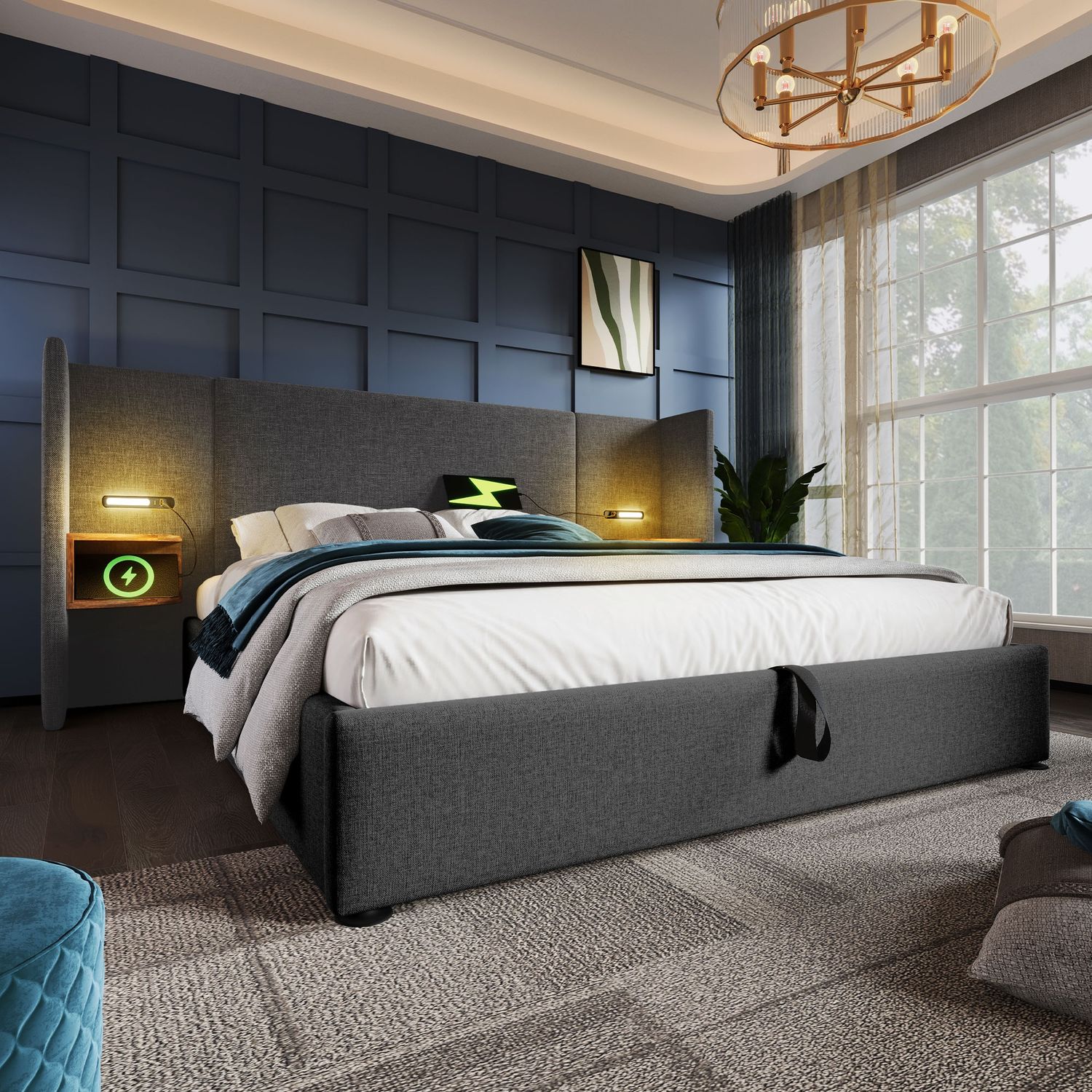 Polsterbett mit Stauraum & Ladefunktion, Bett 160x200 cm mit Touch-Leselampe, USB/Type-C Ports & Regal,Grau Bild 1
