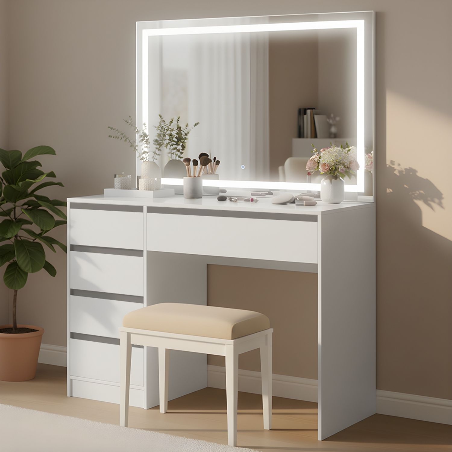 Bellamio 'Nore' Schminktisch mit Spiegel, mit 5 Schubladen, beidseitig montierbar, weiß, 77x53x110 cm, LED-Beleuchtung mit mit 3 einstellbaren Lichtfarben Bild 1