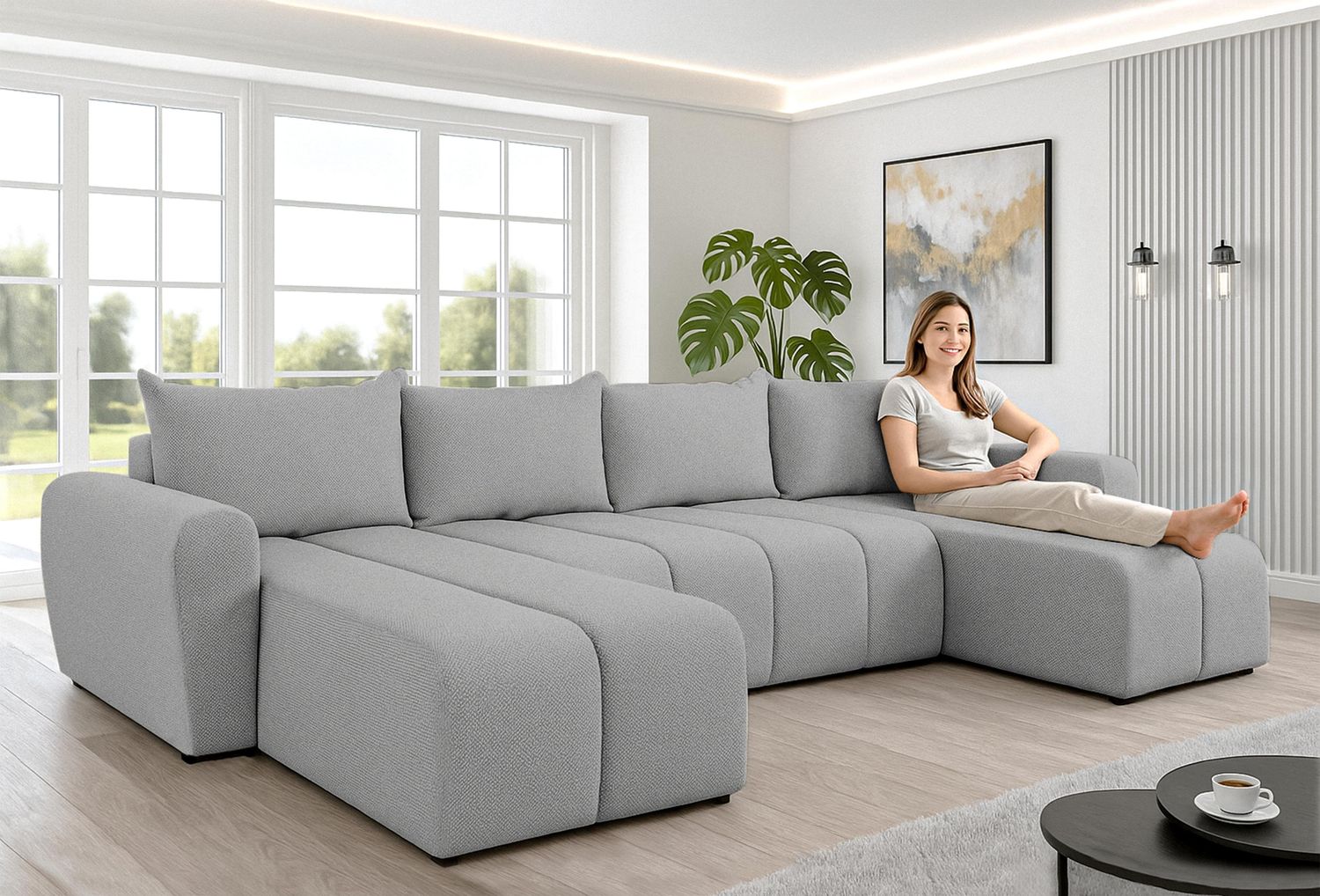 AX LIVING Ecksofas groß Ferrande 317 cm – Sofa grau mit Schlaffunktion & Struktur Bild 1