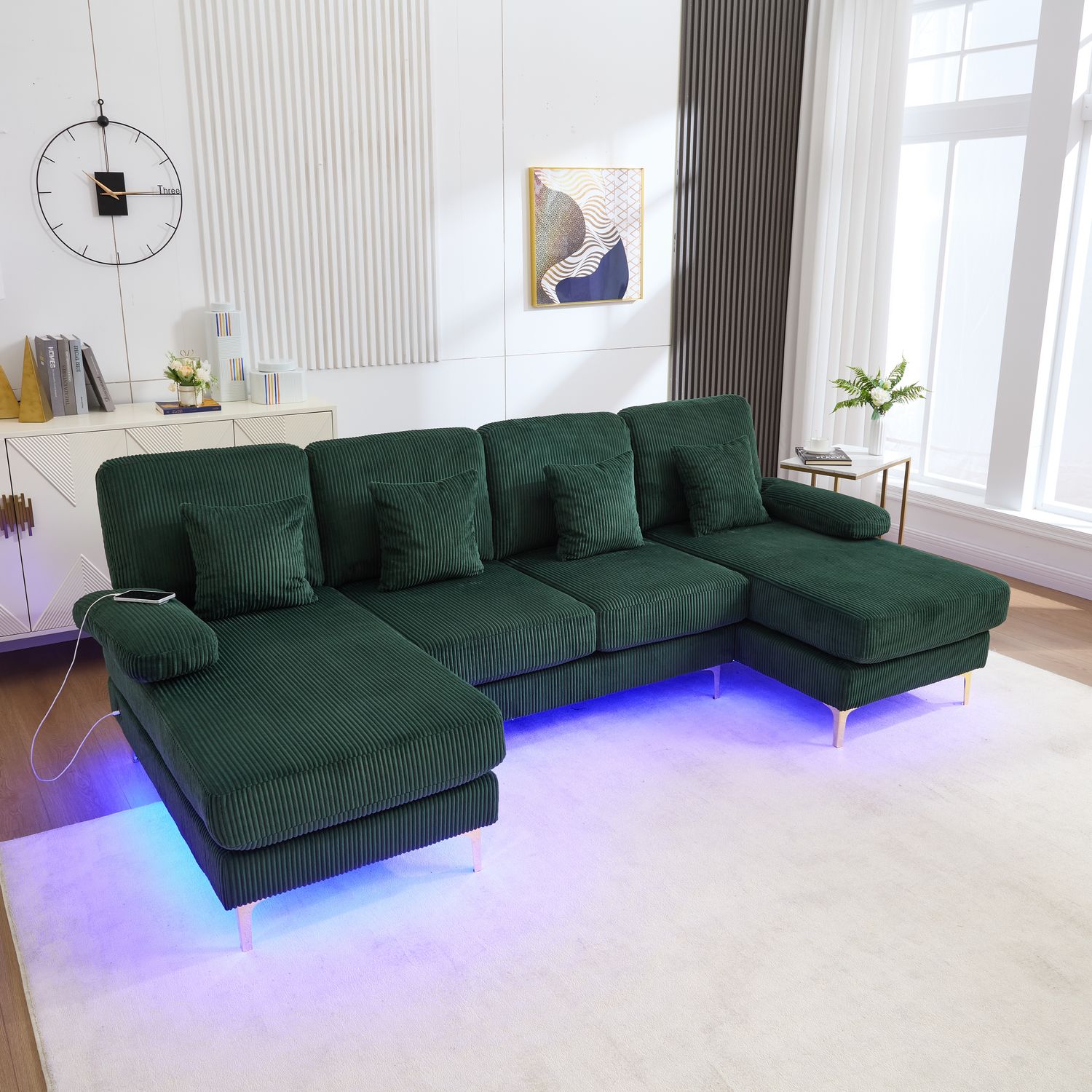 LVHOM U-Form Ecksofa mit Schlaffunktion & LED-Beleuchtung, Wohnzimmersofa mit USB-Anschluss, Cordstoff Couch Sofa Bild 1