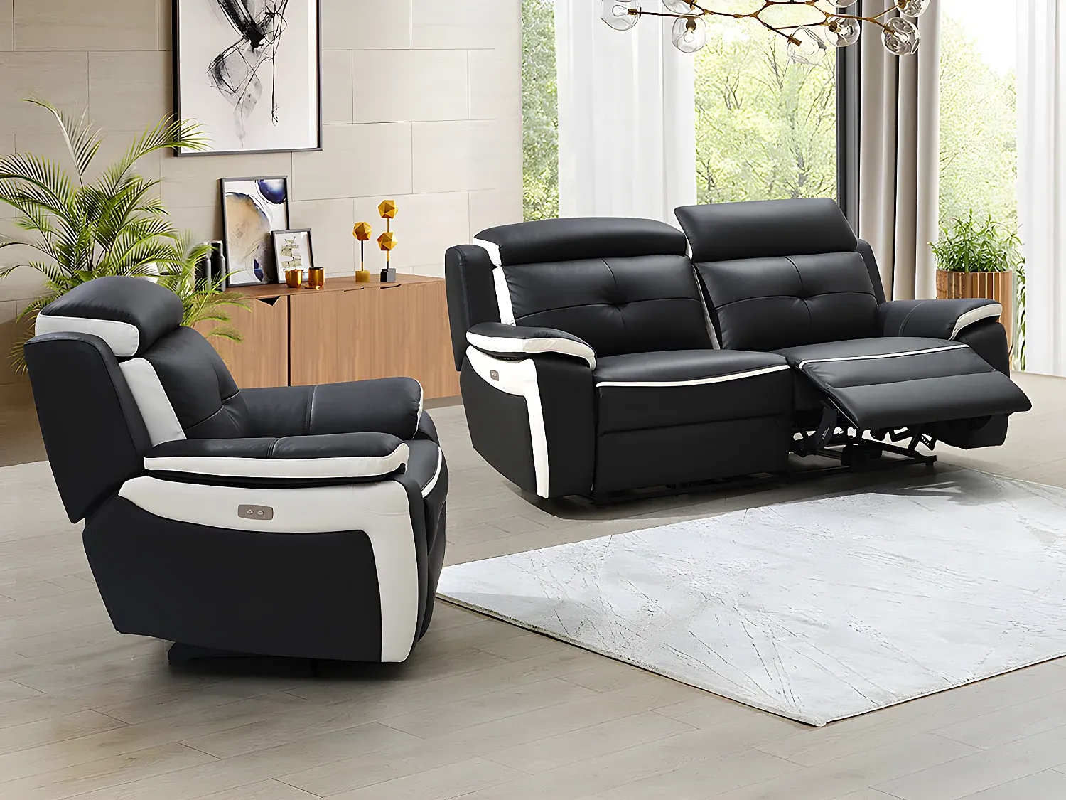 Vente-unique - ANGELIQUE Sofa and armchair set Leder SchwarzWeiß - B 97 cm x H 103 cm x L 207 cm106 cm Bild 1
