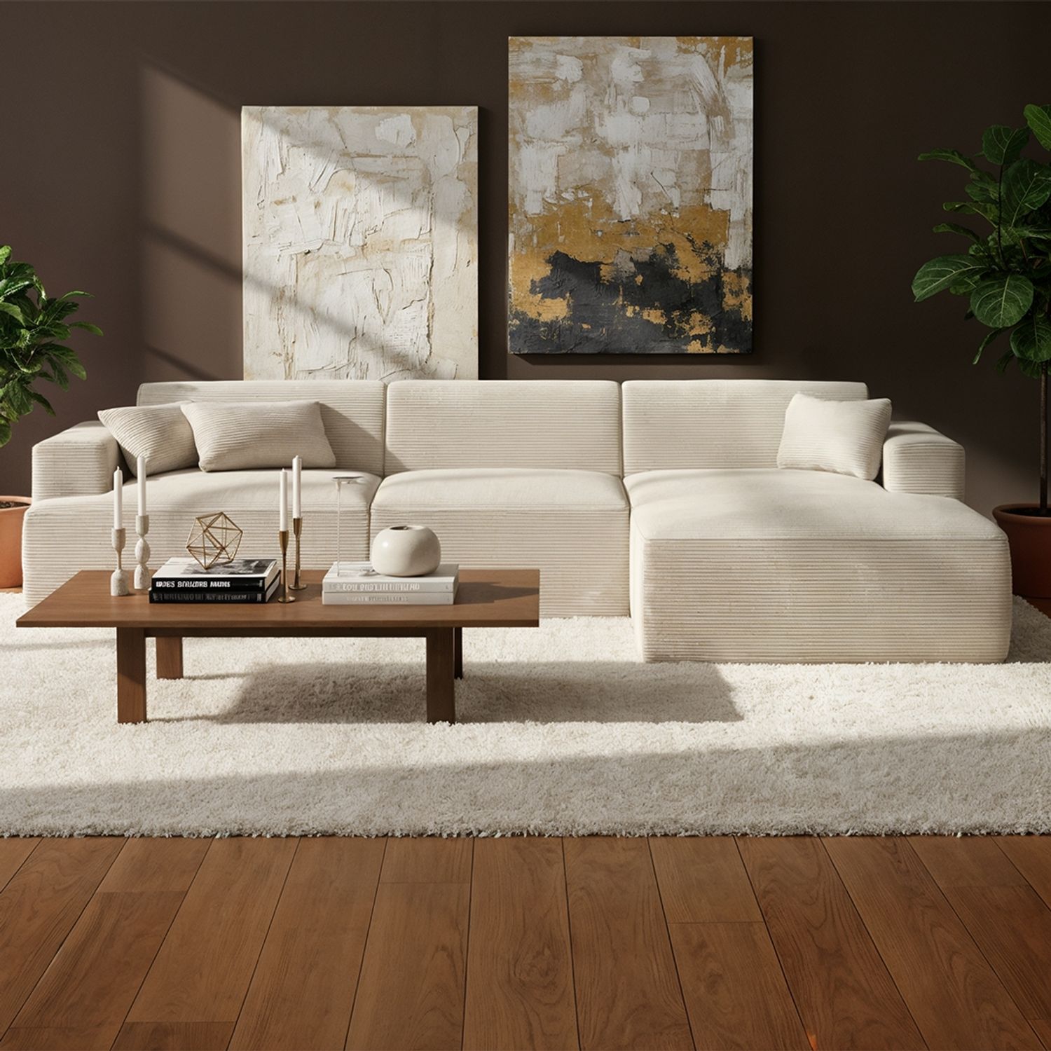 skølm 'Freki' Cloud Sofa 3 Sitzer mit Hocker, Vollschaumcouch mit Federkern und Vakuum-Kompression, kein Aufbau erforderlich, mit 3 Kissen, Cord beige Bild 1