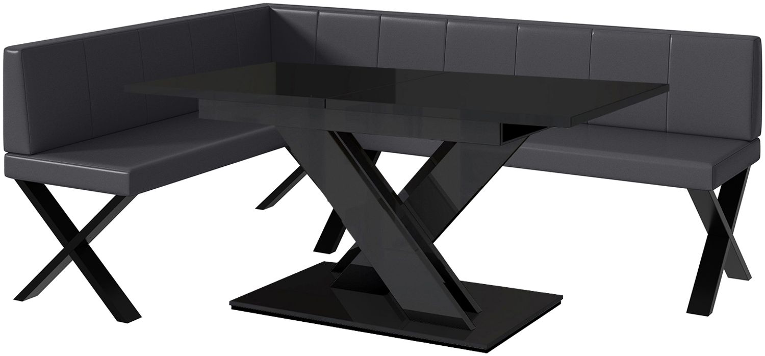 MEBLINI Eckbank für Esszimmer mit ausziehbarem Tisch - Küchenbank - Essecke - Sitzecke Küche - PETER - X-Beine 142x196x87cm Links - Grau Kunstleder/B Schwarz Hochgl. Bild 1