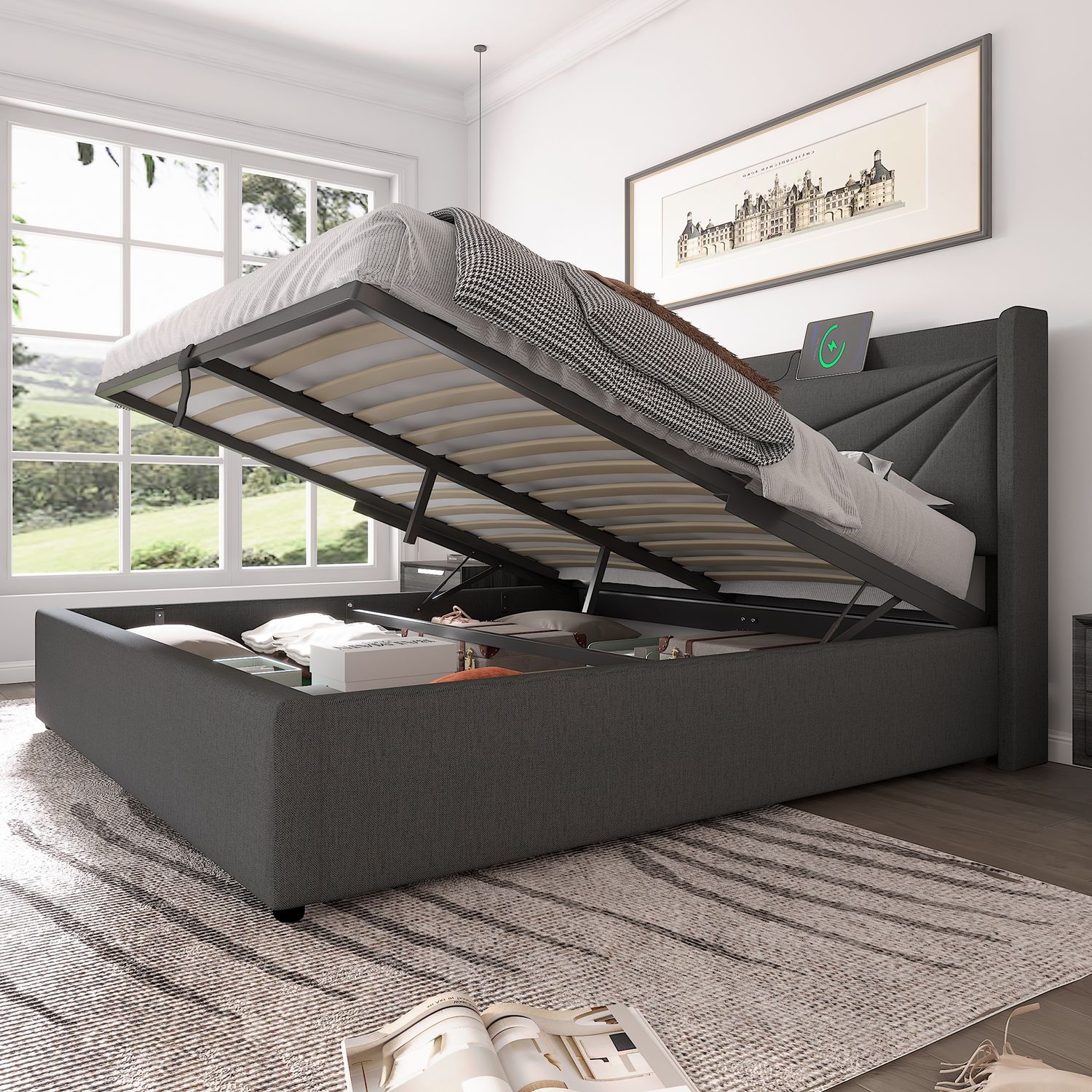 Polsterbett 180×200 cm mit Bettkasten, USB/Typ‑C am Kopfteil, Grau Bild 1