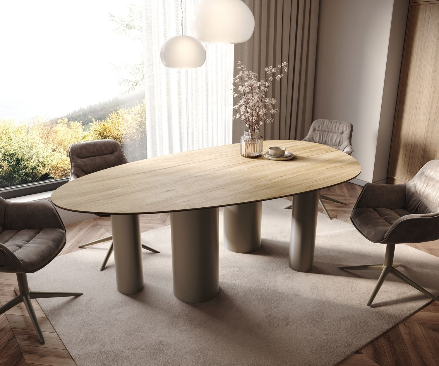 Esstisch Edge Oval 220x120 Keramik Laminam® Sabbia Eichefarbig Pilier Metall Effektfinish Titan Bild 1