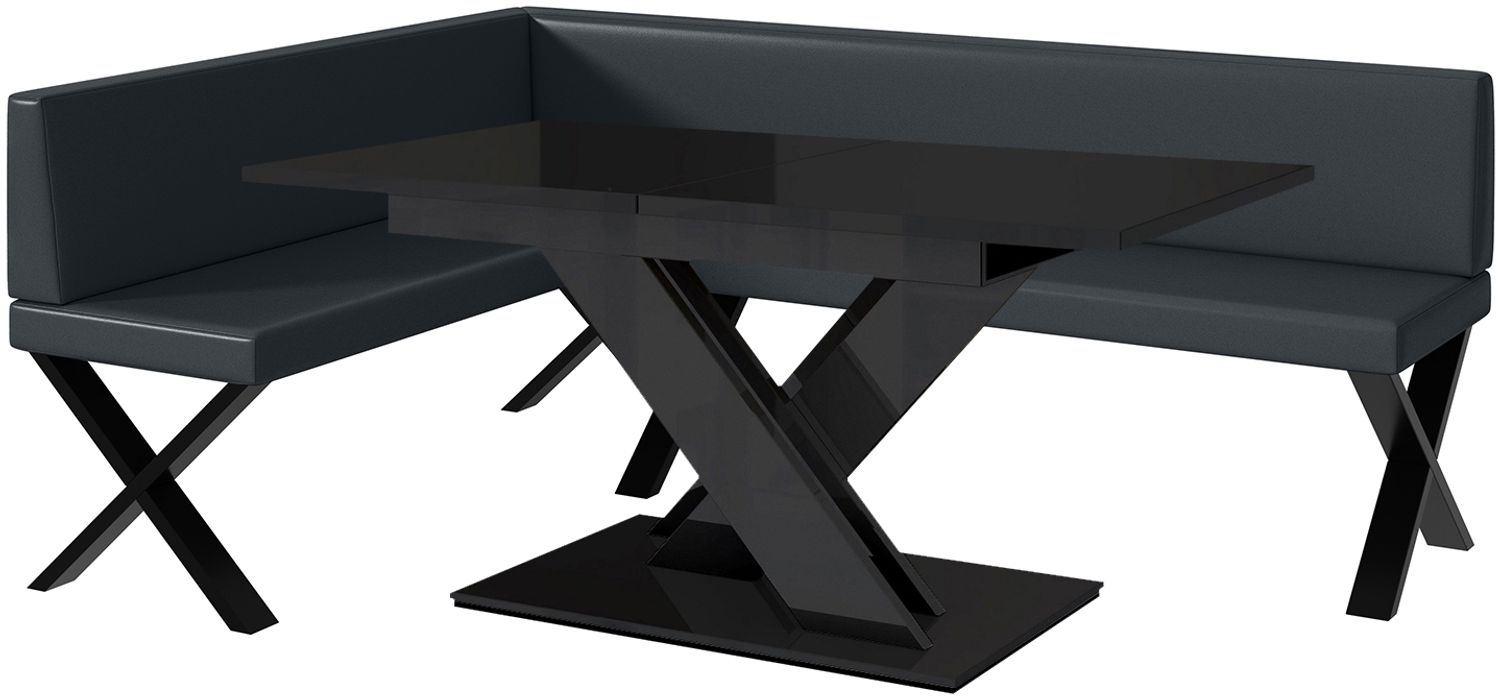 MEBLINI Eckbank für Esszimmer mit ausziehbarem Tisch - Küchenbank - Essecke - Sitzecke Küche - TONI - X-Beine 142x196x87cm Links - Dunkelgrau Kunstleder/B Schwarz Hochgl. Bild 1