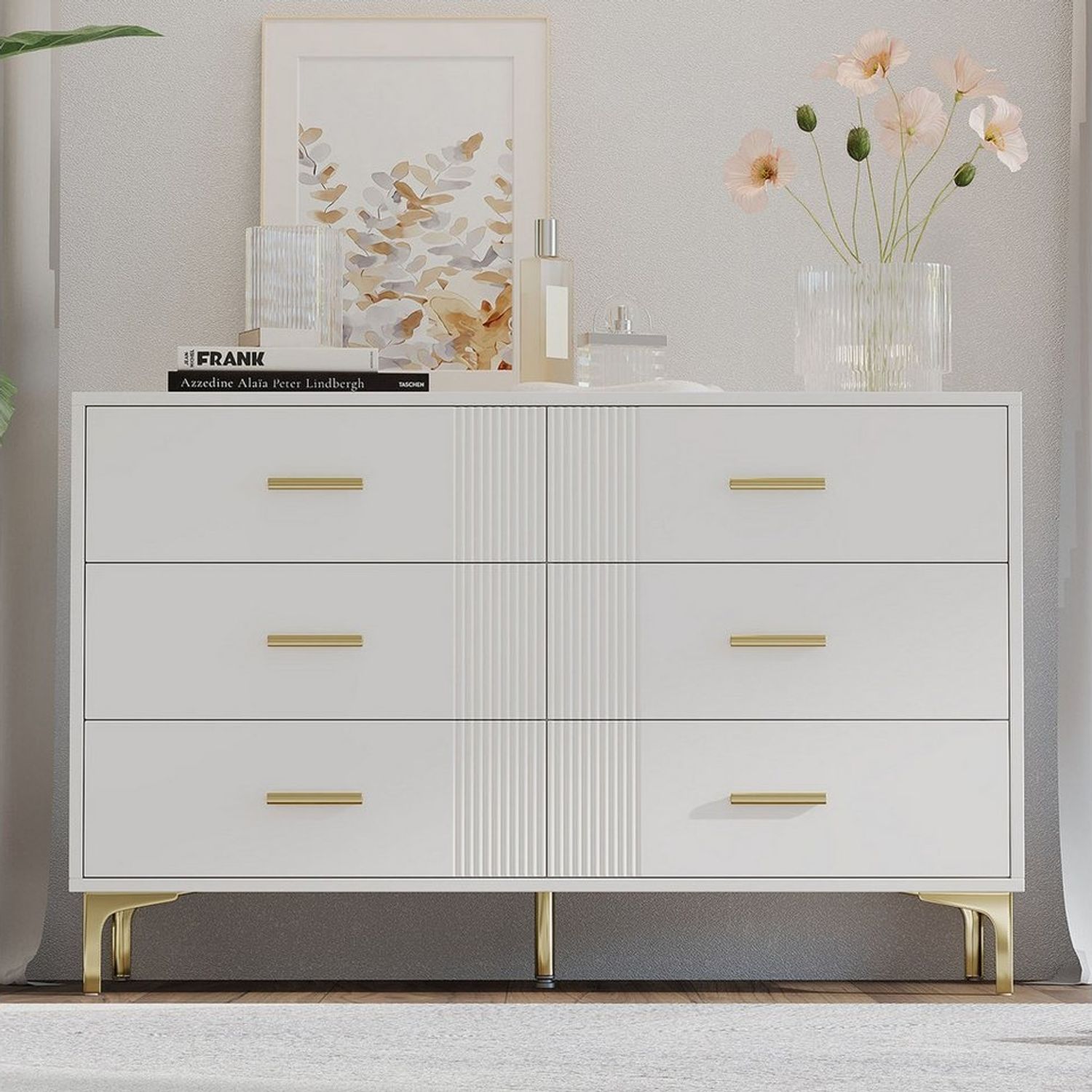 Flieks Kommode mit 6 Schubladen Weiß (Maße: H76/B120/T40 cm, 1 St, für Wohnzimmer und Schlafzimmer), Mehrzweckschrank Sideboard Holzschrank, Metallgriffe und Metallbeine Bild 1