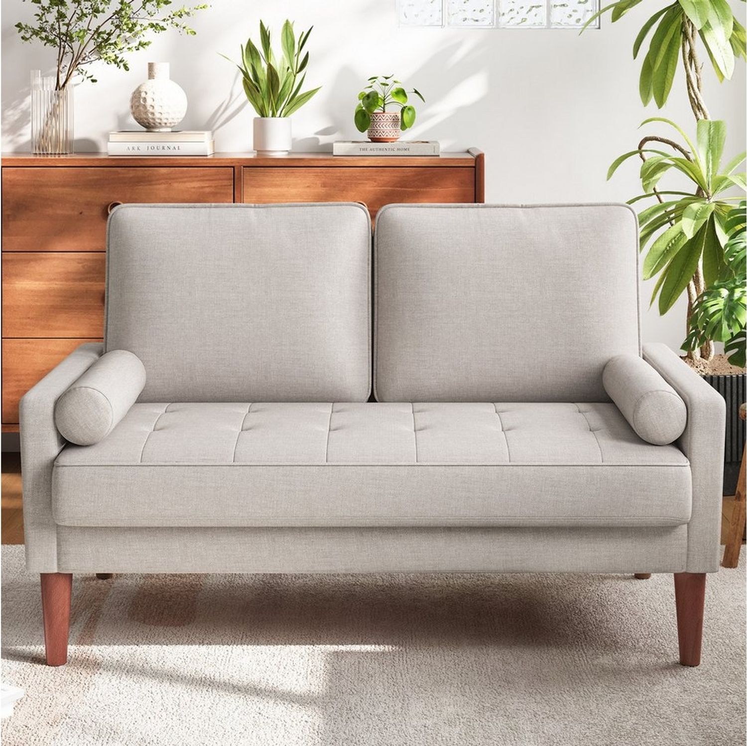 OUNUO Sofa 121cm Kleines Loveseat Sofa Couch aus Samt und Leinen mit 2 Zierkissen Bild 1