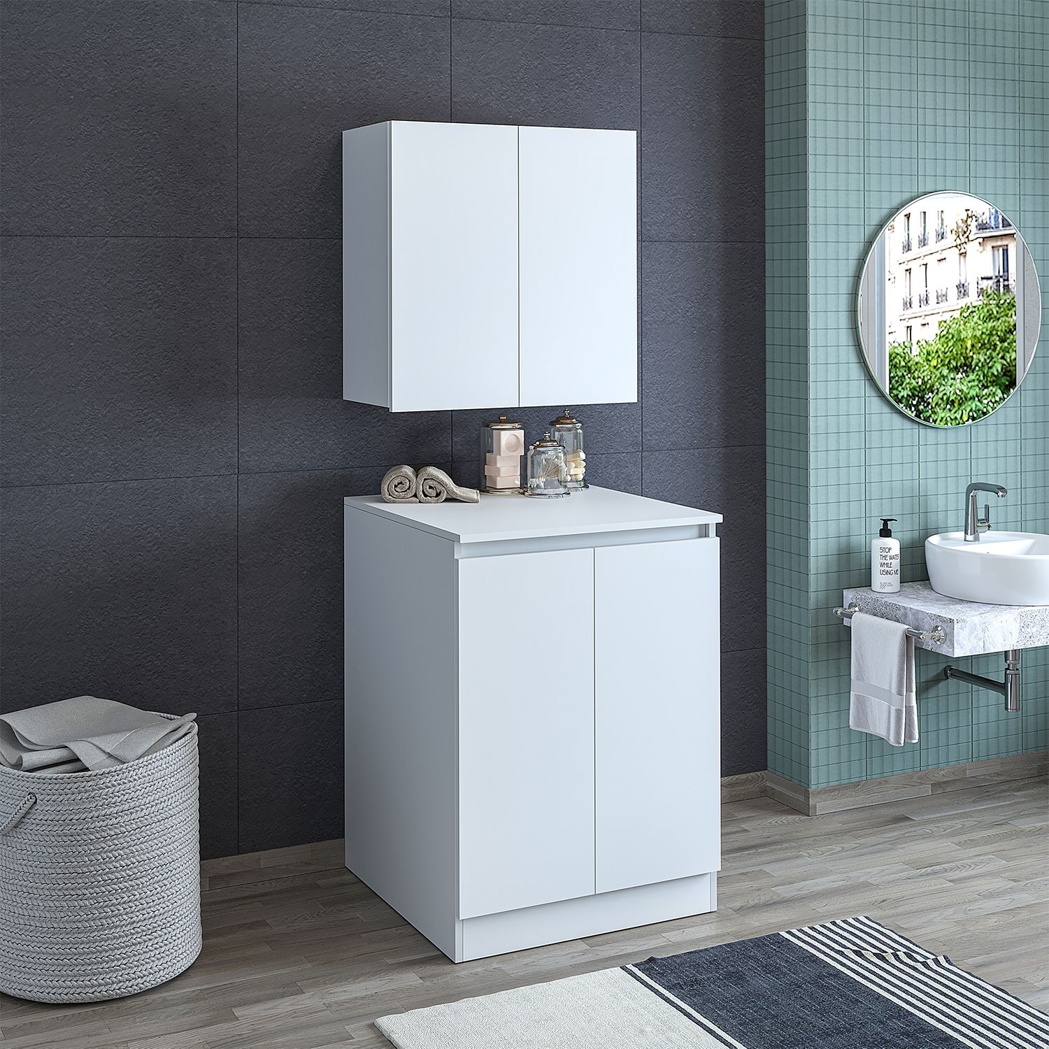 Roomart Atlantic Waschmaschinenschrank SERIE ATLANTIC-V- 70 cm breit – Waschmaschinenüberbau & Badregal– Badezimmermöbel • Weiß Bild 1