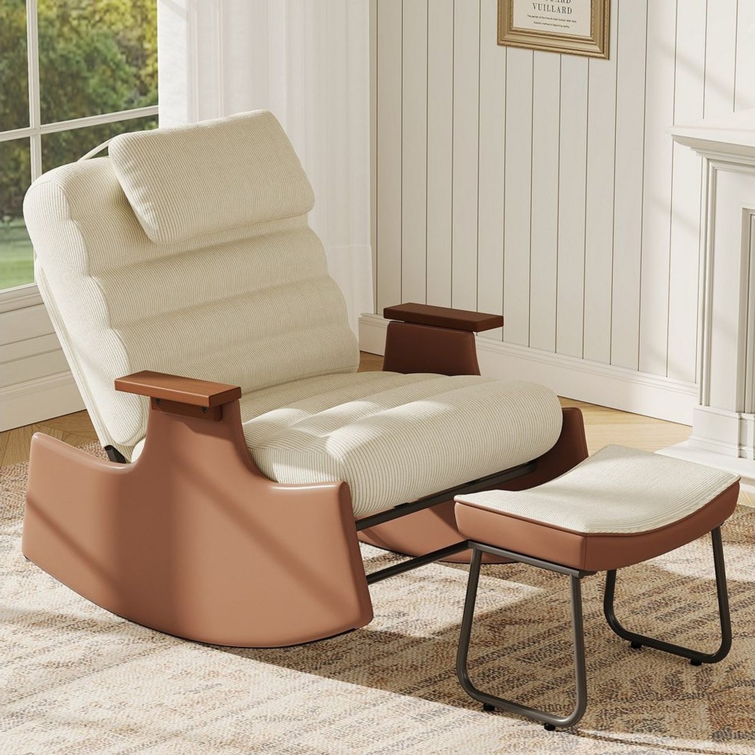 FUROKOY Schaukelstuhl Relaxsessel 3-stufia verstellbare Rückenlehne (Set, 1 St), Wohnzimmersessel mit Armlehnen und Fußstütze Cord,Beige,67 x 91.5 x 92 cm Bild 1
