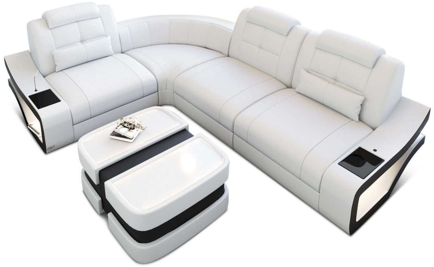 Mini Couch Elena L Form Leder - Echtleder - weiß-schwarz - Links Bild 1