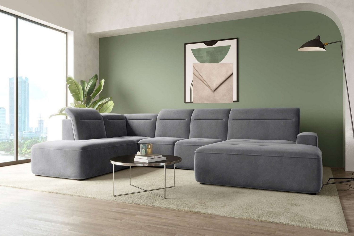 99rooms Wohnlandschaft Elvaro, Sofa, U-Form, Bezug aus Velours PALLADIUM, mit elektrischer Sitztiefenverstellung Bild 1