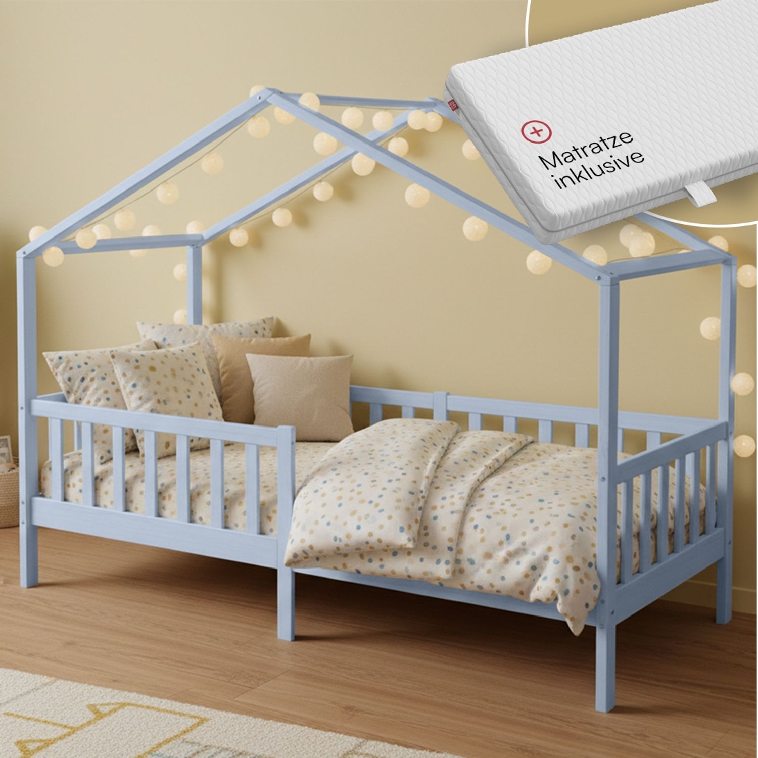 Bellabino 'Bia' Hausbett 90x200 cm mit Matratze, blau, Kiefer Massivholz, Bodenbett in Hausoptik, Montessori Kinderbett mit Rausfallschutz und Lattenrost Bild 1