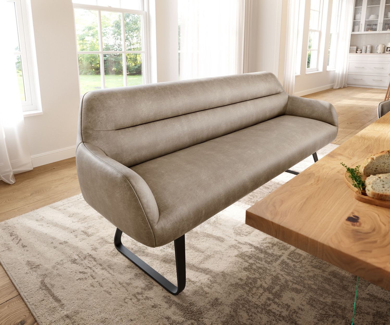 Esszimmerbank Taya-Flex 200 cm Mikrofaser Beige Vintage Kufengestell flach Schwarz Taschenfederkern Bild 1