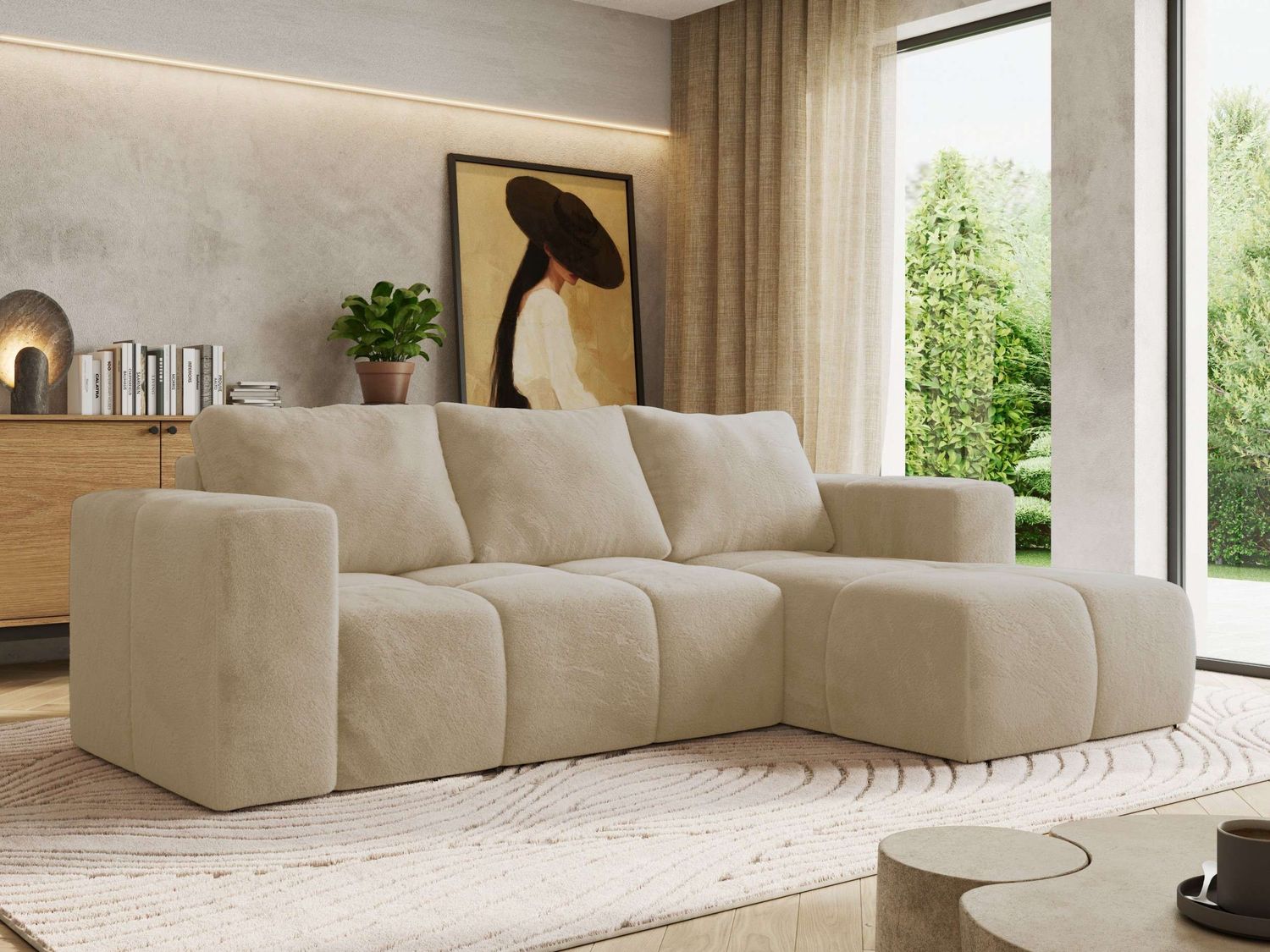 Ecksofa mit Schlaffunktion und Bettkasten, L-form Couch, lose Kissen, Polstersofa - MONIVA - Creme Plüsch - rechte Seite Bild 1