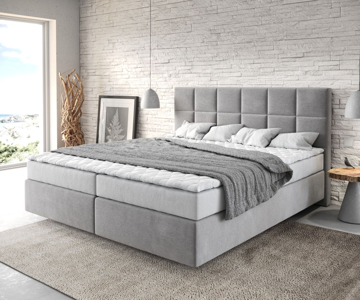 Boxspringbett Dream-Fine 180x200 cm Mikrofaser Grau mit Matratze und Topper Bild 1