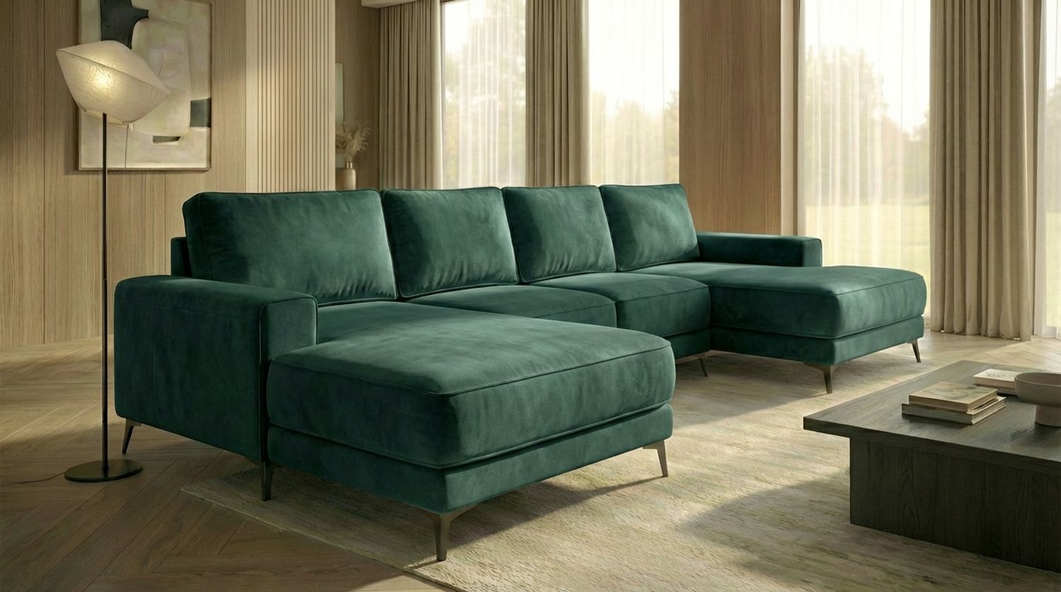 Ecksofa EINAR 362x170 cm mit Schlaffunktion, Bonellfederkern und Bettkasten, Farbe: Grün Bild 1
