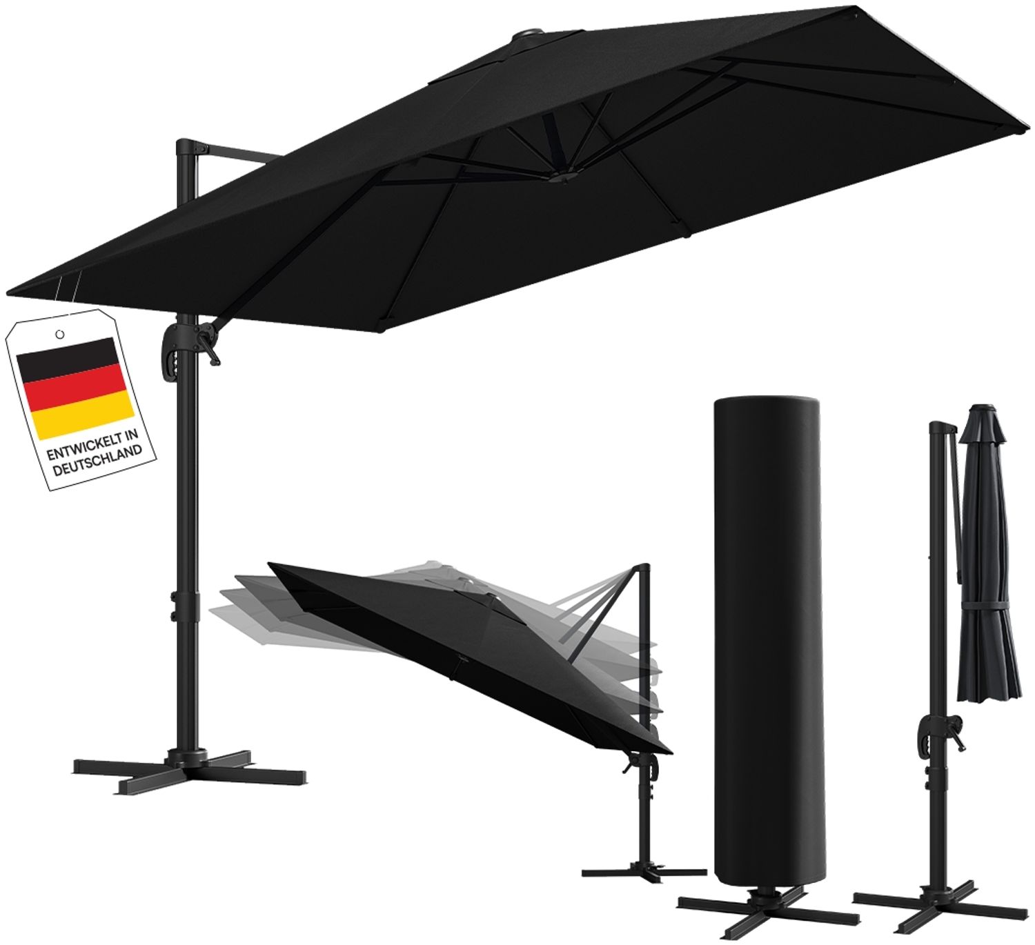 STEELSØN 'Elaris' Premium Sonnenschirm 300x300 cm quadratisch, neigbar und 360-Grad drehbar, schwarz, Ampelschirm inkl. Hülle, extrem robuste Metall-Stange, 220 g/m² Polyester, UV50+ Bild 1