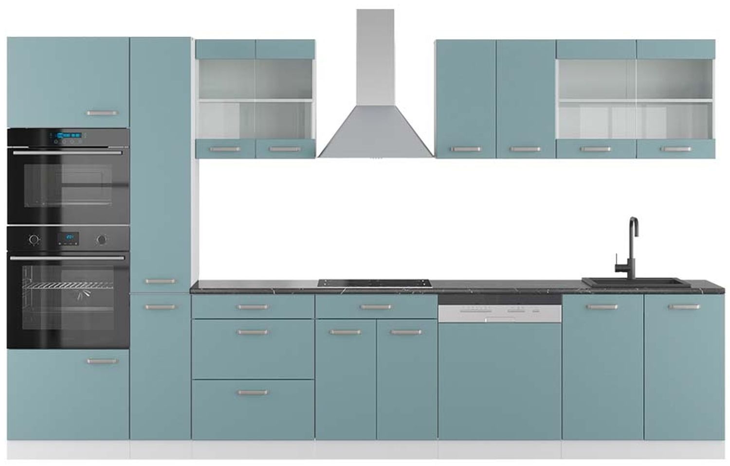 Küchenzeile R-Line Blau-Grau/Weiß 350 cm mit Hochschrank, AP Anthrazit Vicco Bild 1