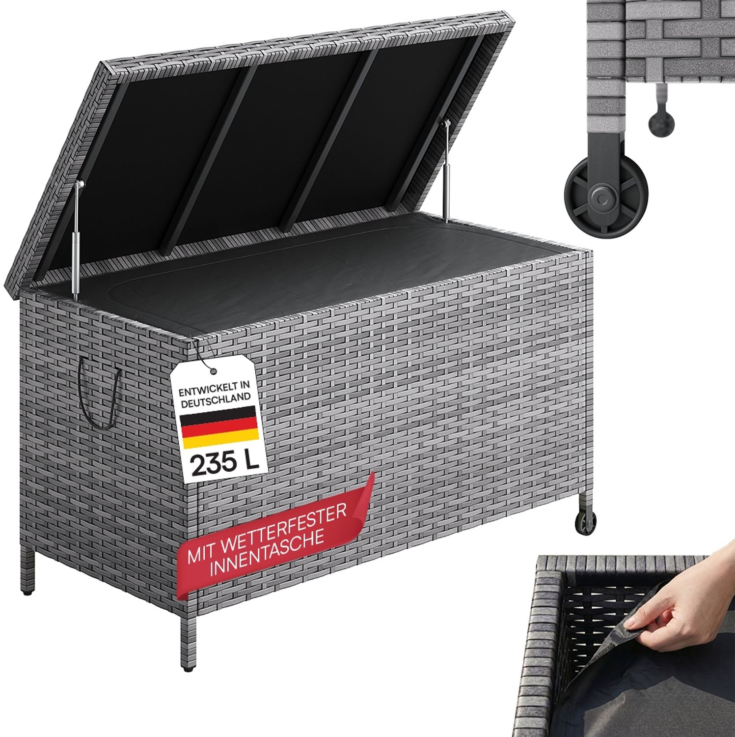 STEELSØN 'Serion' Polyrattan Aufbewahrungsbox 235 Liter mit Rollen, grau-meliert, 110×55×60 cm, wetterfest, Auflagenbox mit Innentasche, Gartenbox mit Griff zum einfachen Transport Bild 1